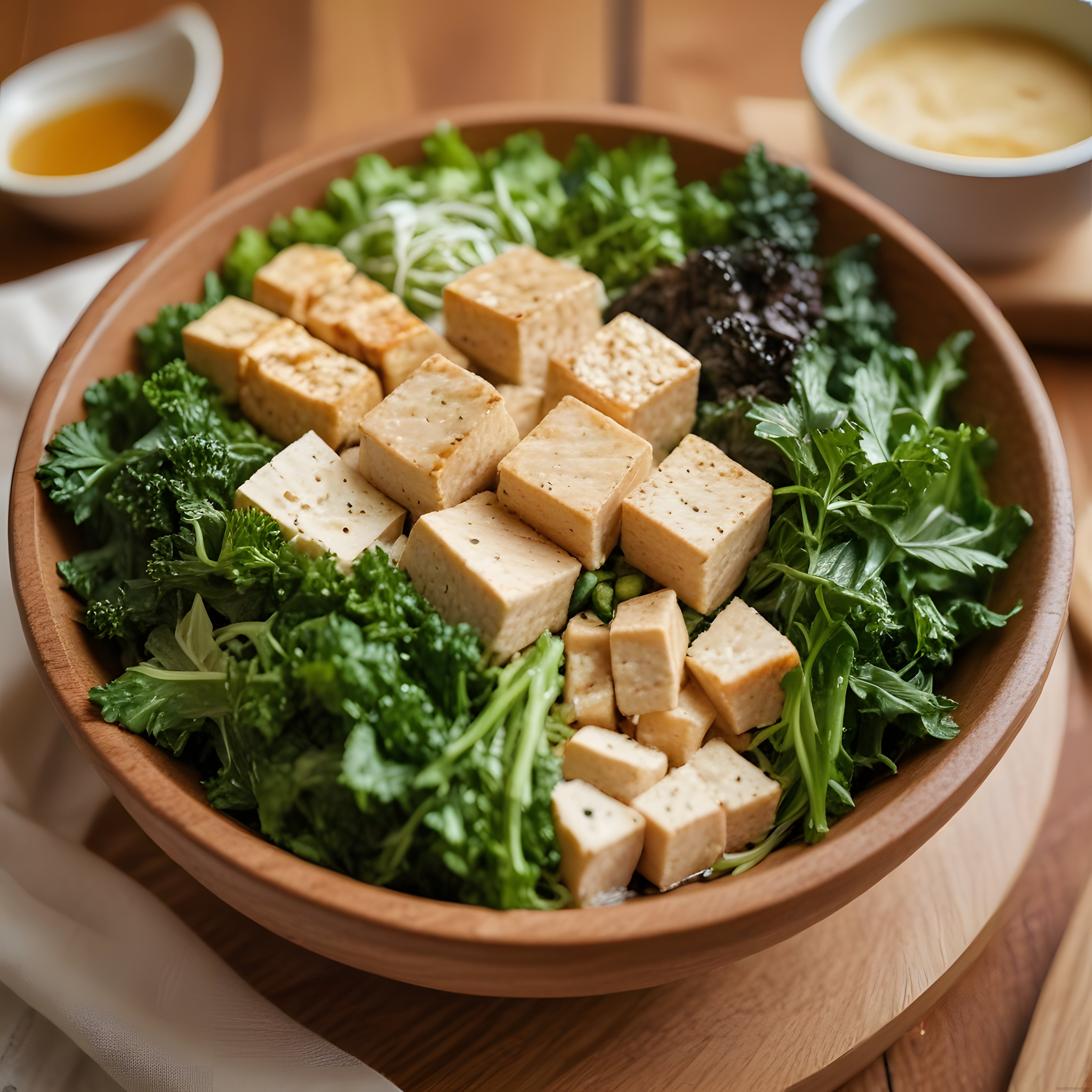 Tofu ve Yeşil Sebzelerle Hazırlanan Besleyici Vegan Kase Sunumu