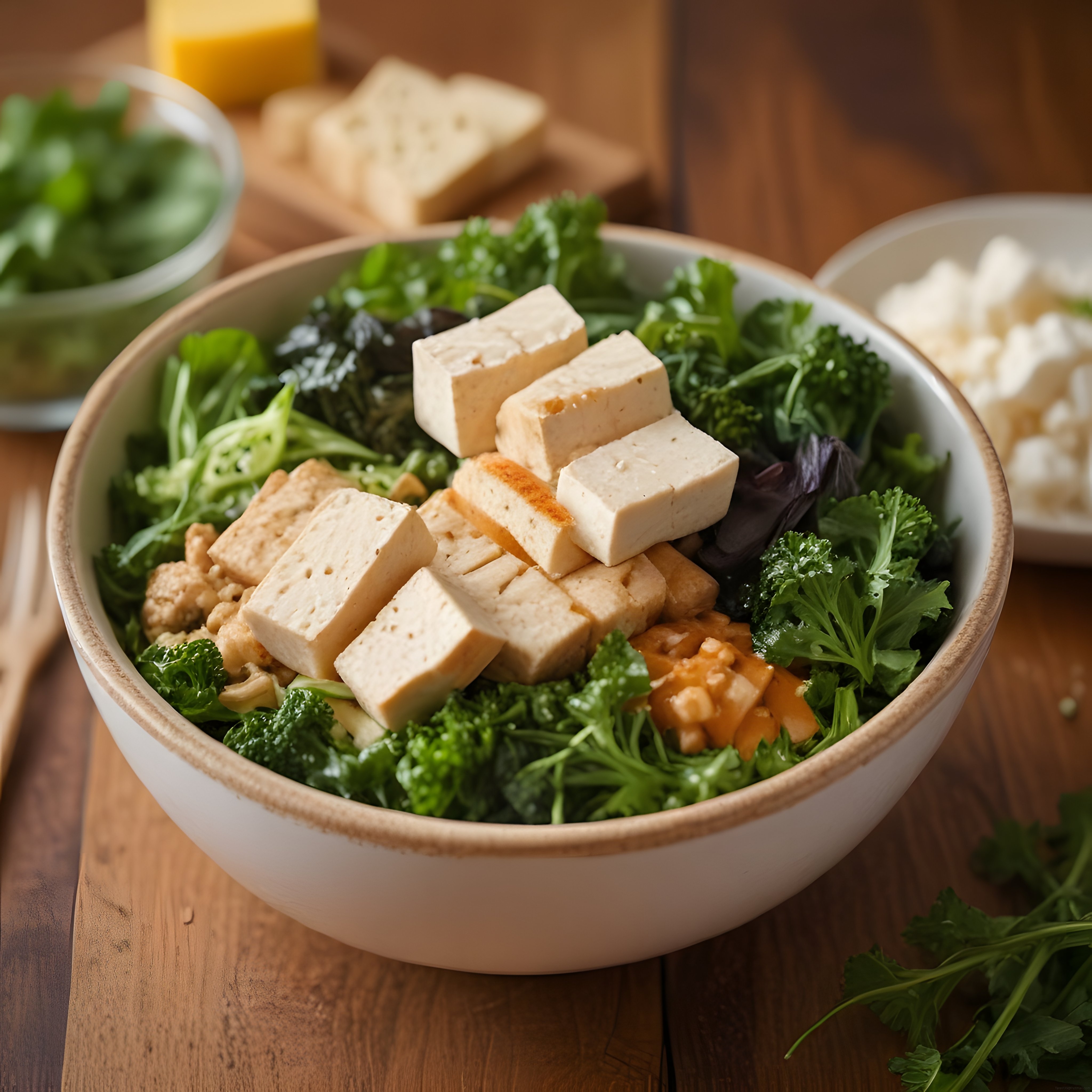 Tofulu Yeşillikli Besleyici Vegan Kase Sunumu ve Sağlıklı Kahvaltı