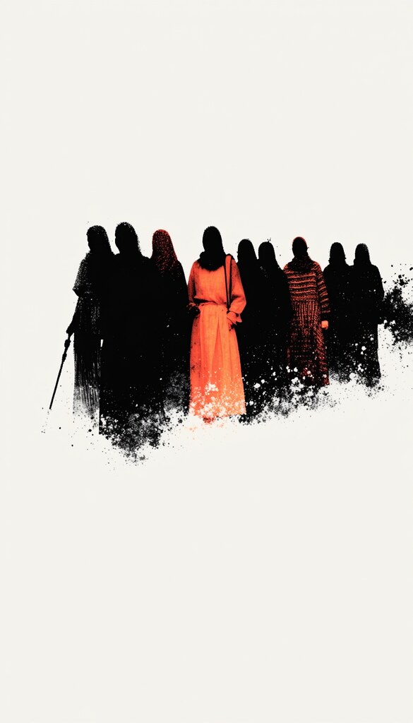 Topluluğun Arasından Sıyrılan Turuncu Elbiseli Figürün Dijital Sanat Yorumu Topluluğun Arasından Sıyrılan Turuncu Elbiseli Figürün Dijital Sanat Yorumu