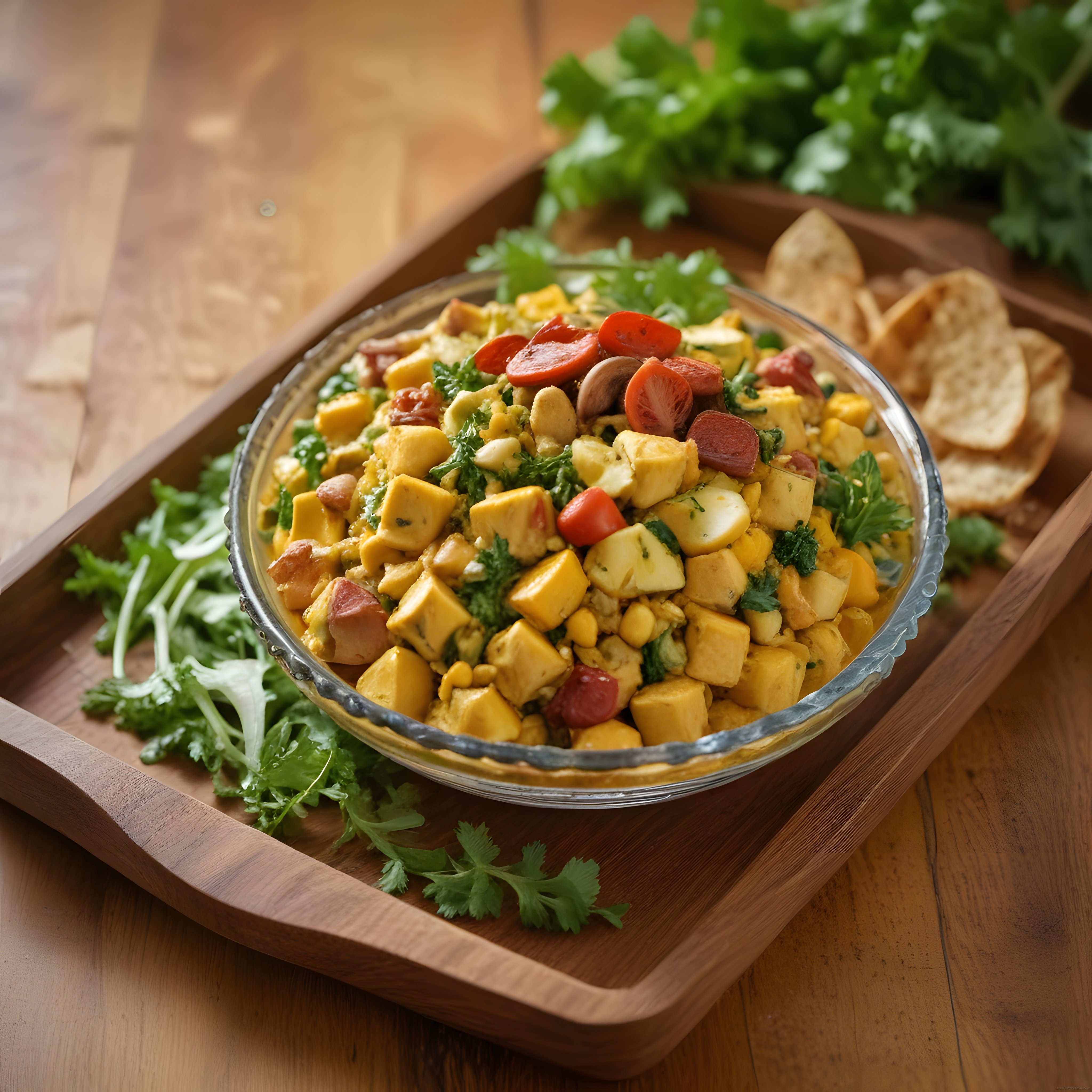 Tortilla cips eşliğinde taze Meksika salatası ve avokado mango karışımı