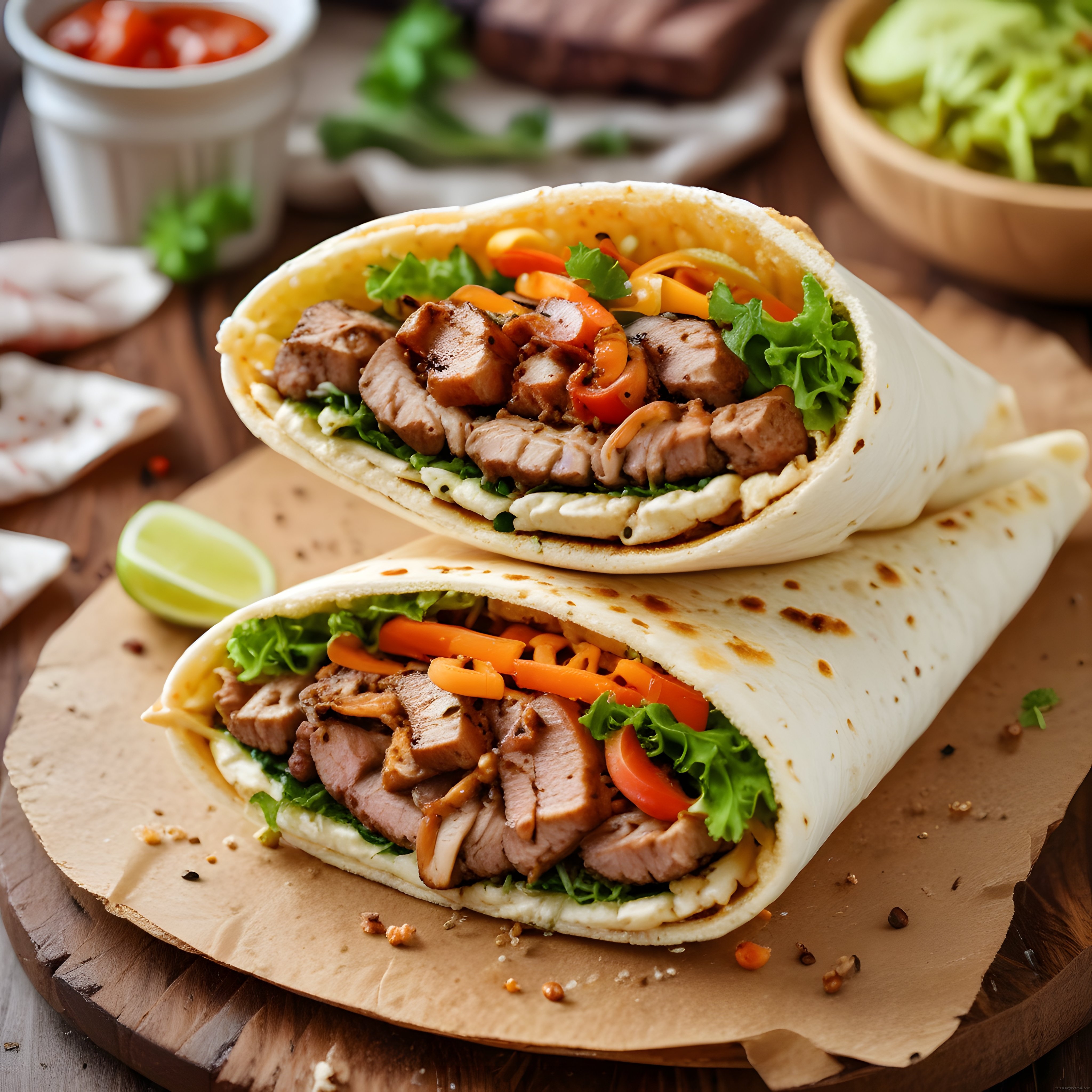Tortilla Ekmeğinde Izgara Et ve Renkli Sebze Dolgusuyla Ev Yapımı Nefis Taco
