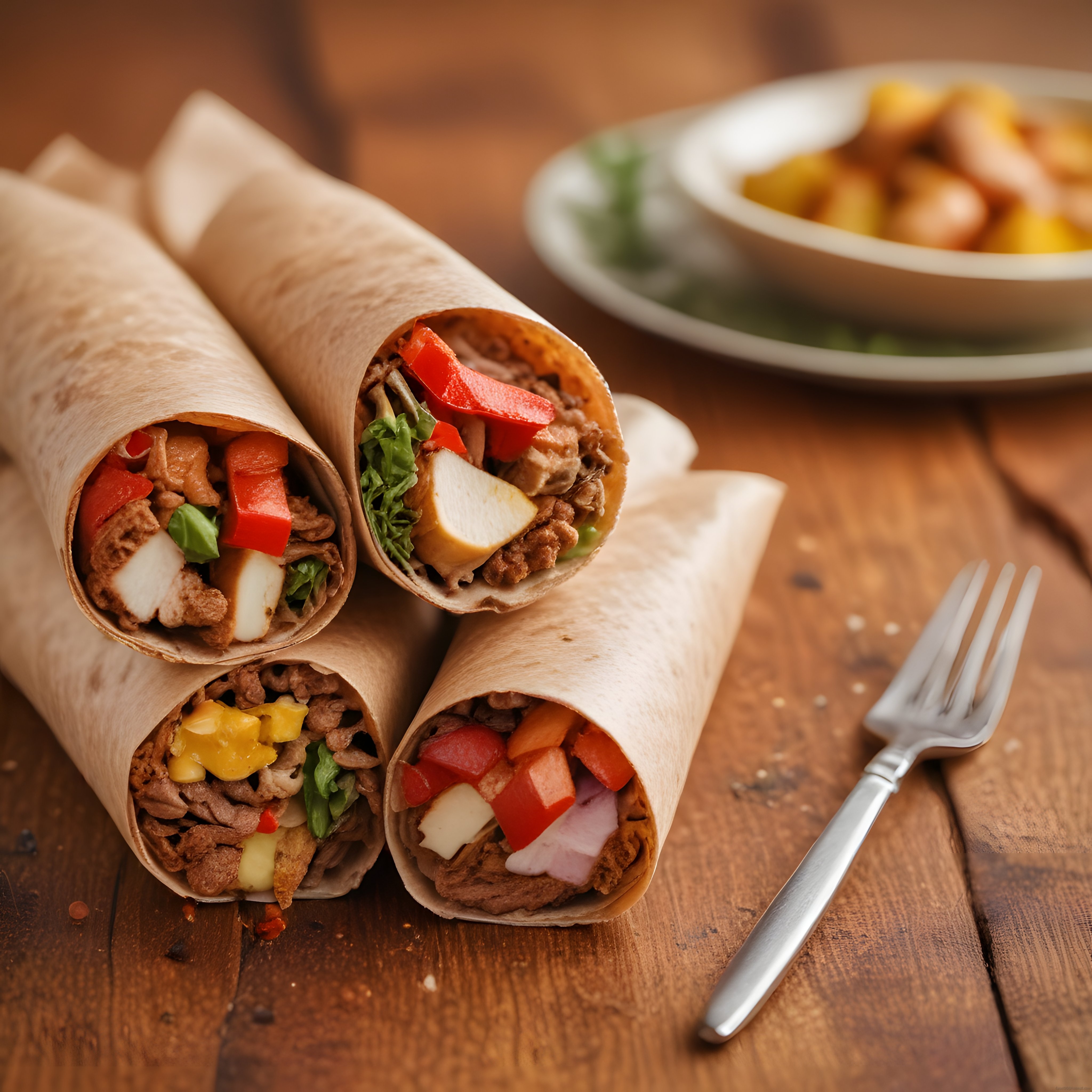 Tortilla Ekmeğine Sarılmış Etli ve Sebzeli Wrap Çeşitleri Sunumu