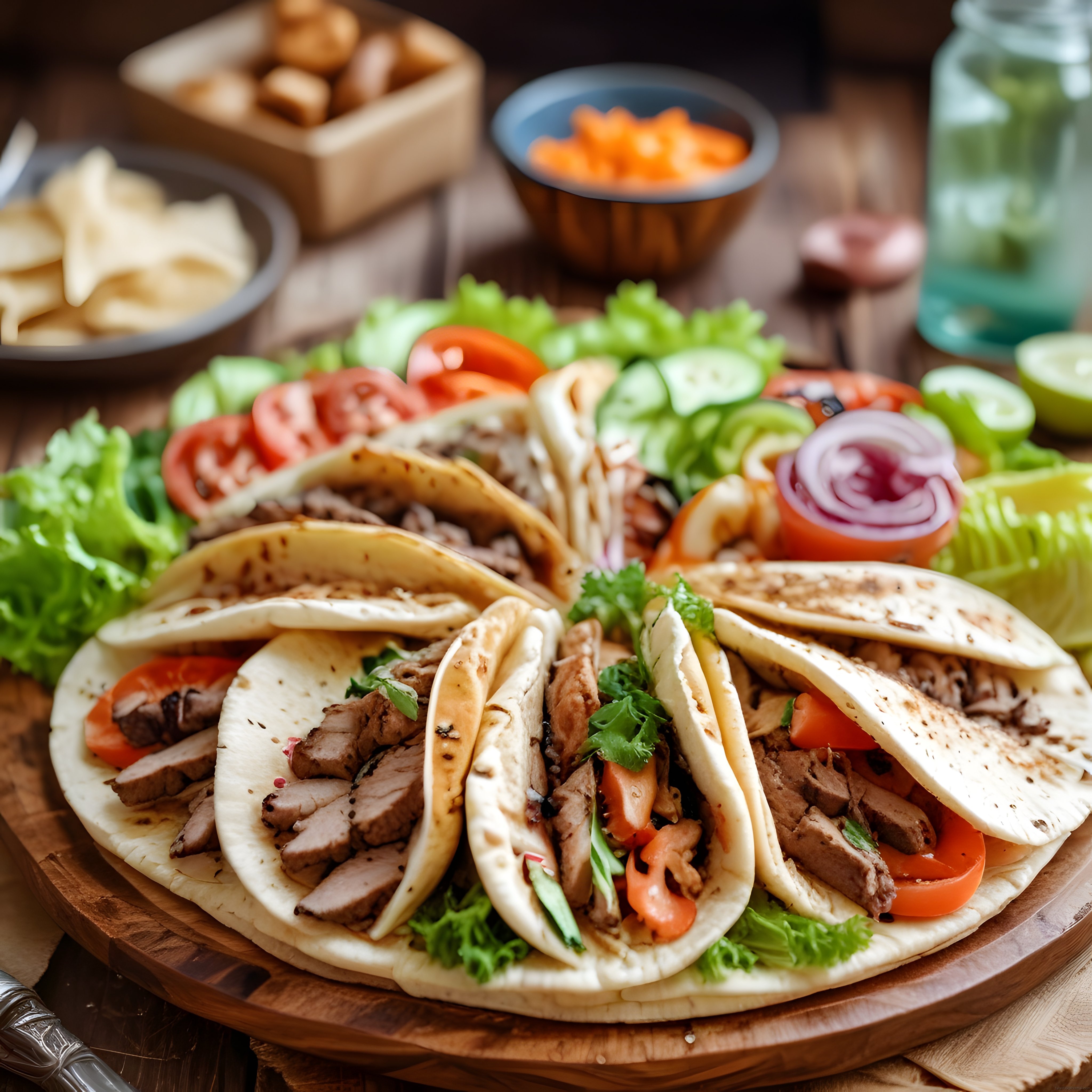 tortilla ekmekleri arasında baharatlı et ve taze sebzelerle zengin taco sunumu