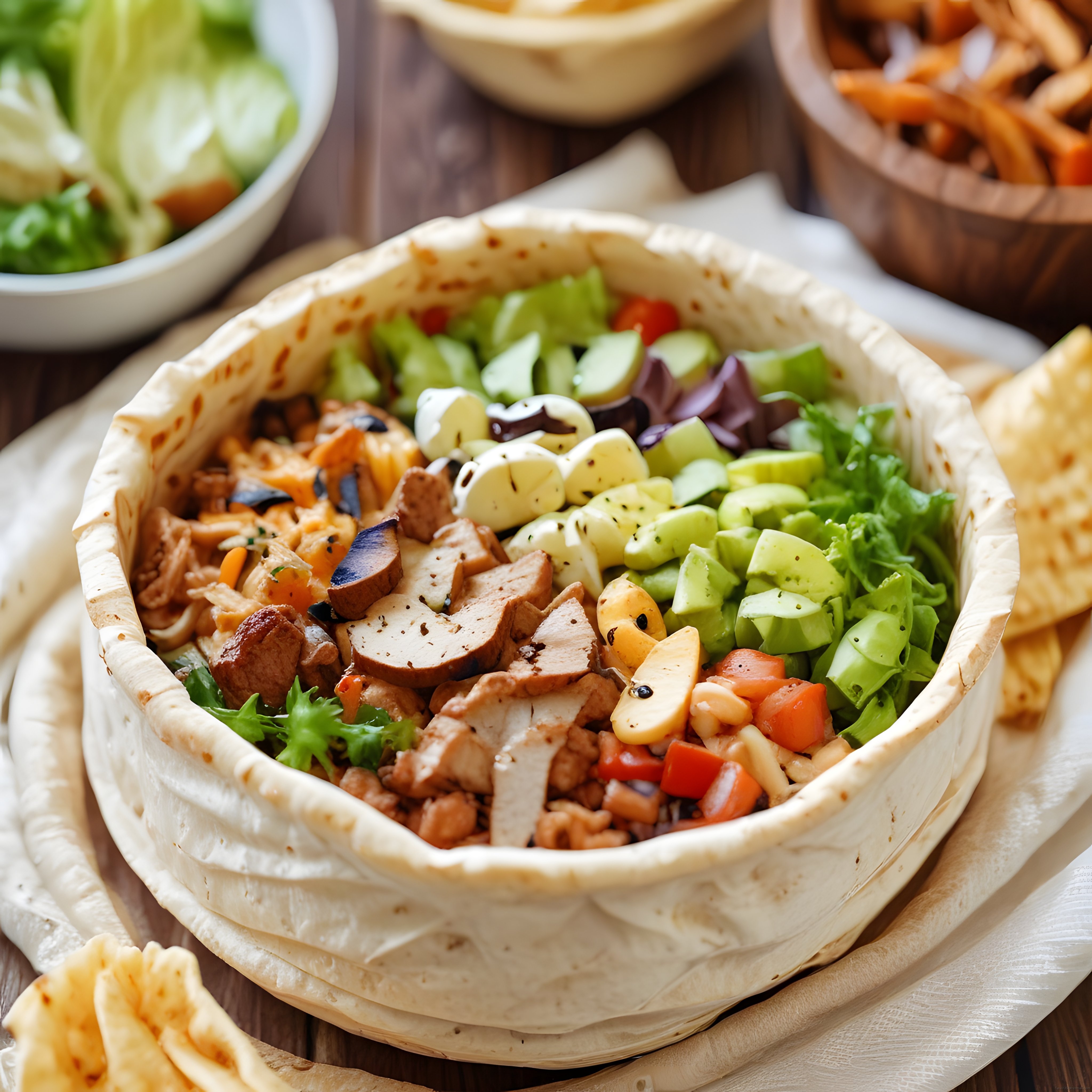 Tortilla Kasede Baharatlı Tavuklu ve Taze Sebzeli Nefis Salata Kasesi