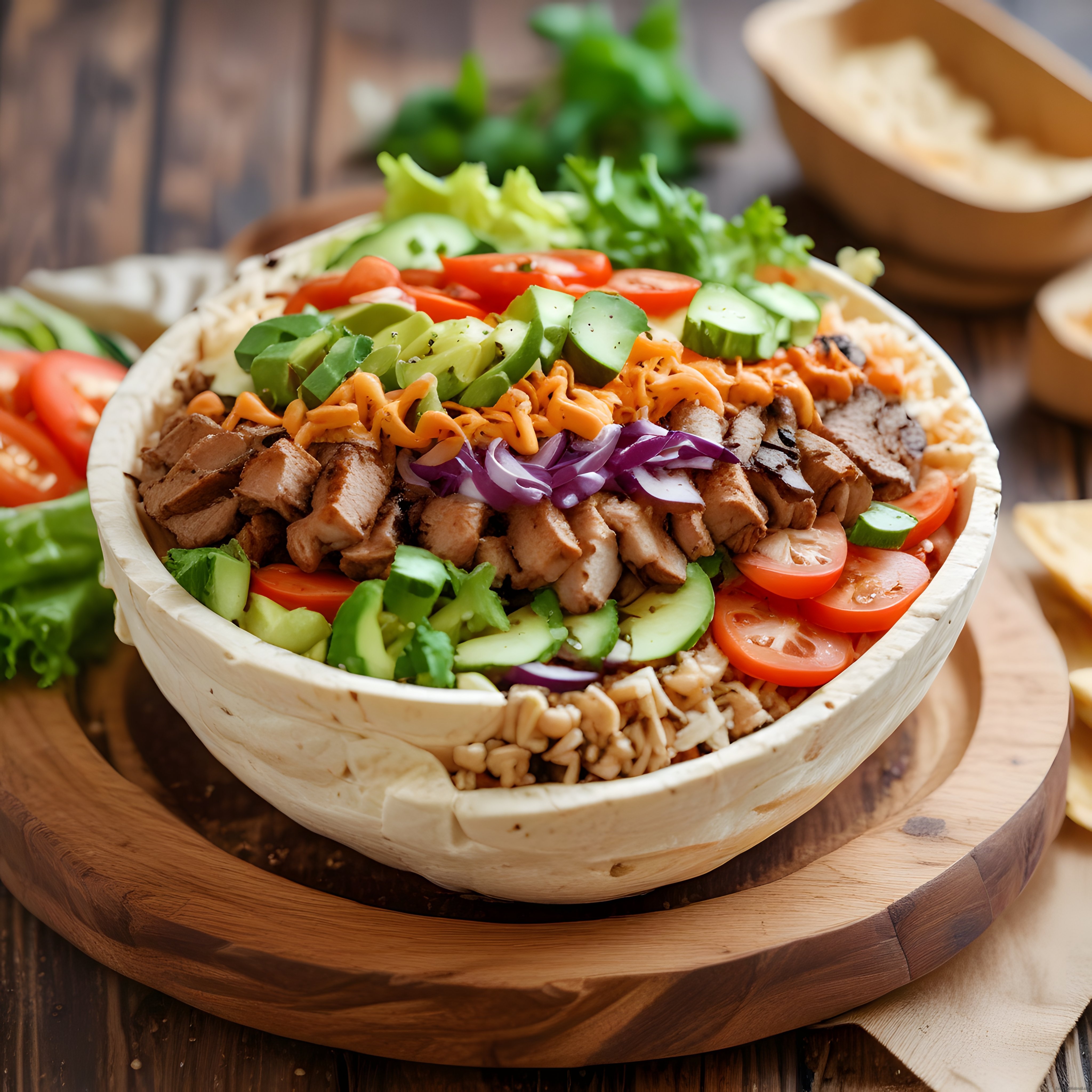 Tortilla Kasede Izgara Tavuklu Avokadolu ve Sebzelerle Dolu Burrito Bowl Sunumu