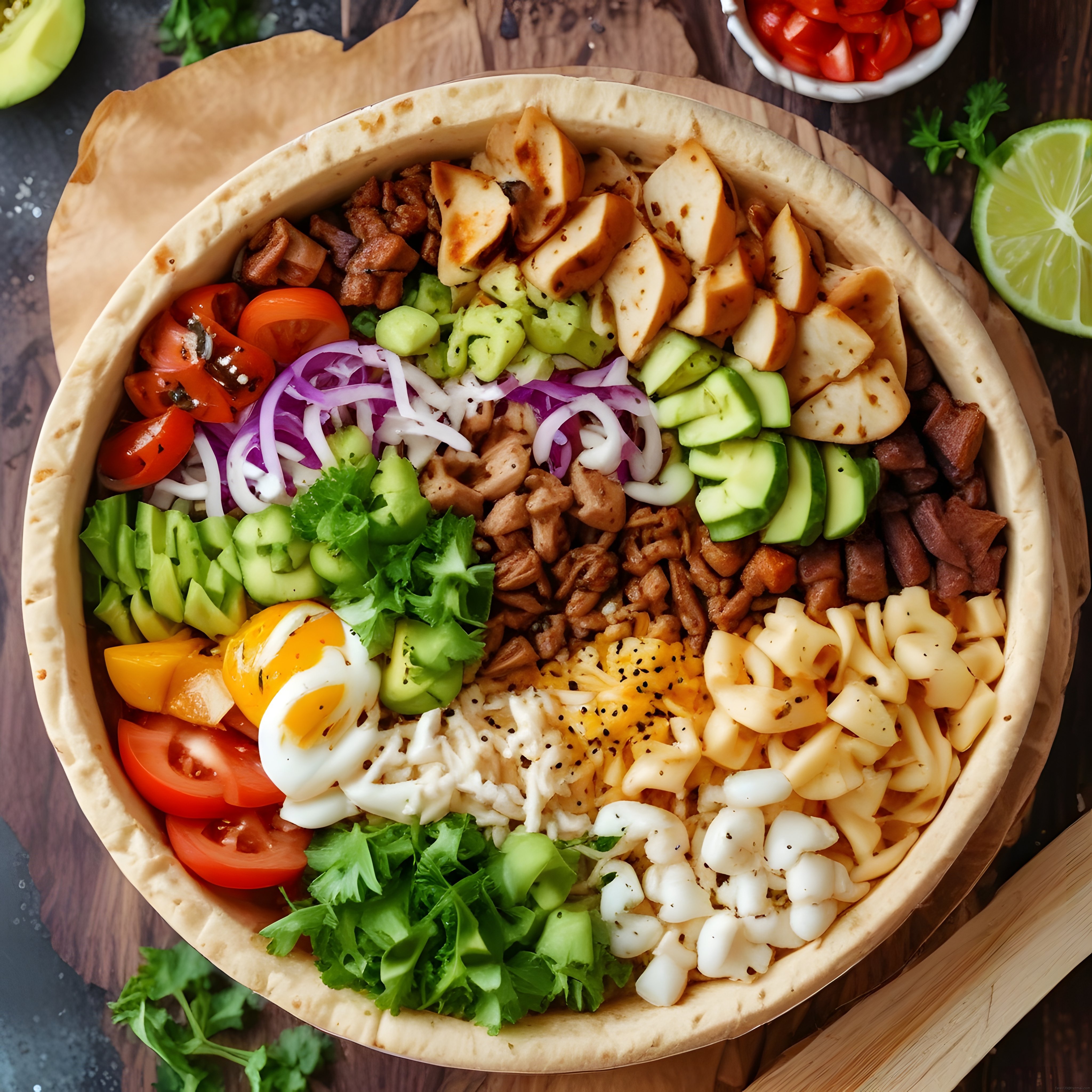 Tortilla kasede ızgaralı tavuklu avokadolu doyurucu ve sağlıklı bowl