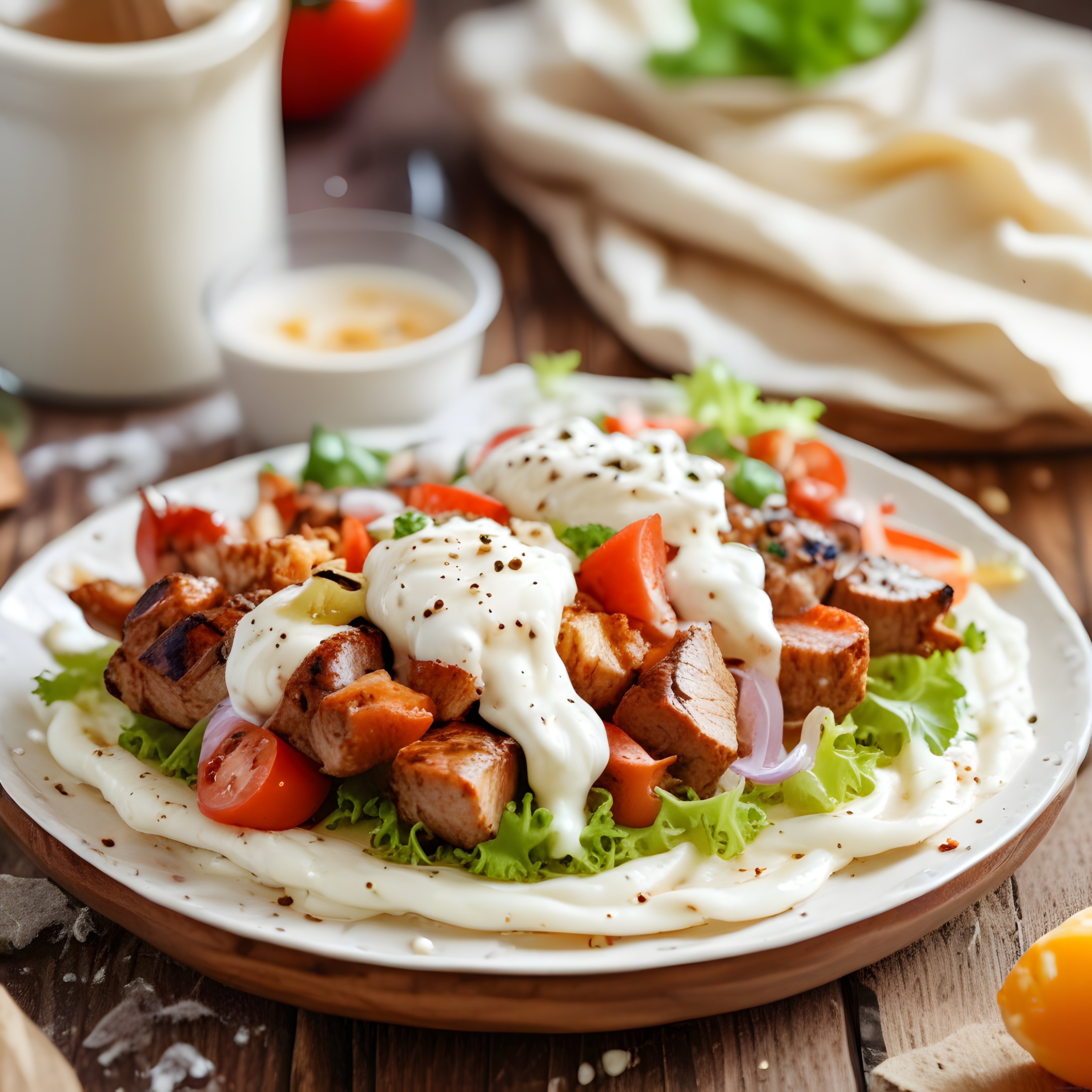 Tortilla Üzerinde Izgara Etli ve Bol Soslu Taze Sebzeli Dürüm Tabağı