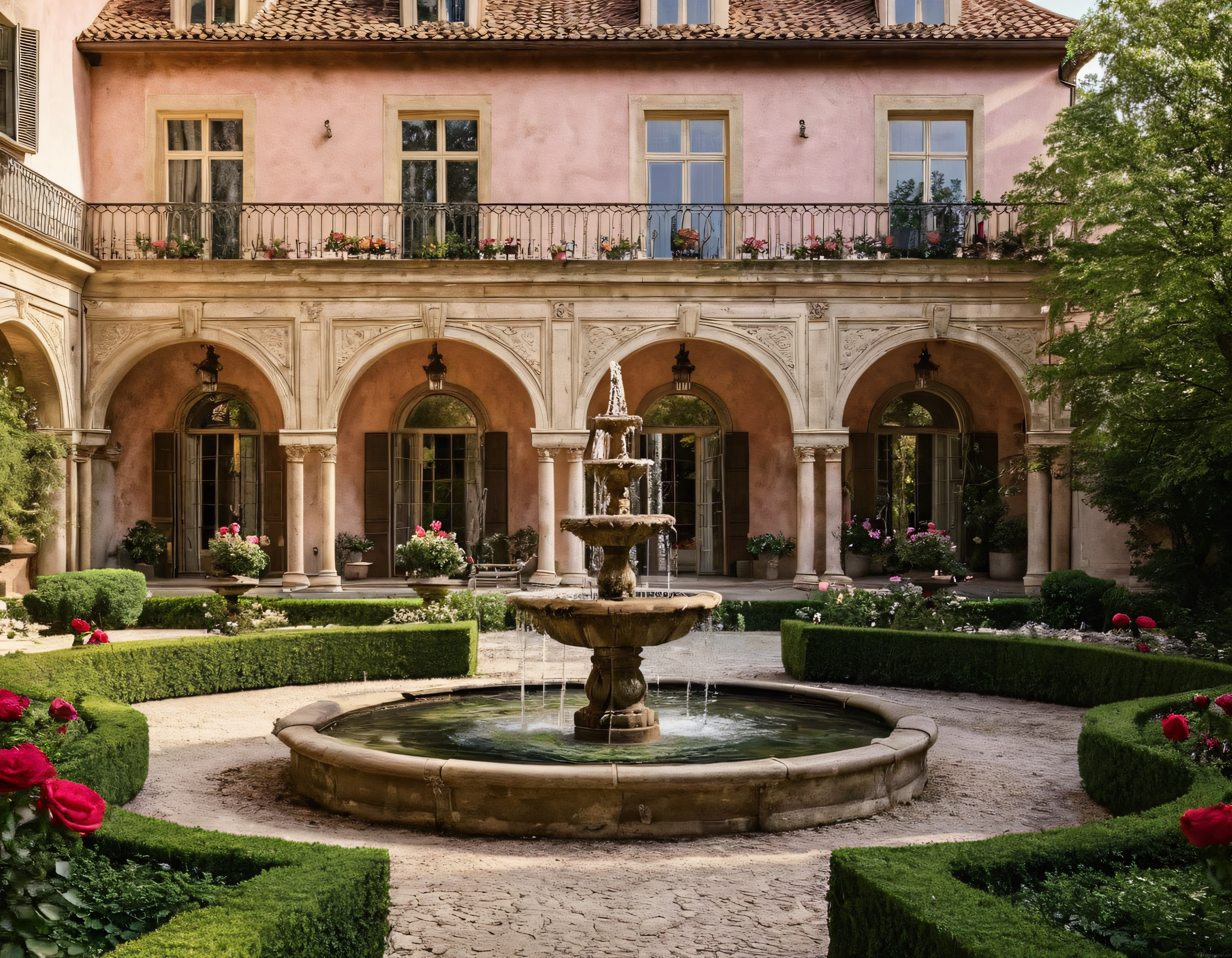 Toscana Tarzı Villa Avlusu: Fıskiye, Kemerler ve Çiçeklerle Süslü Gizli Bahçe
