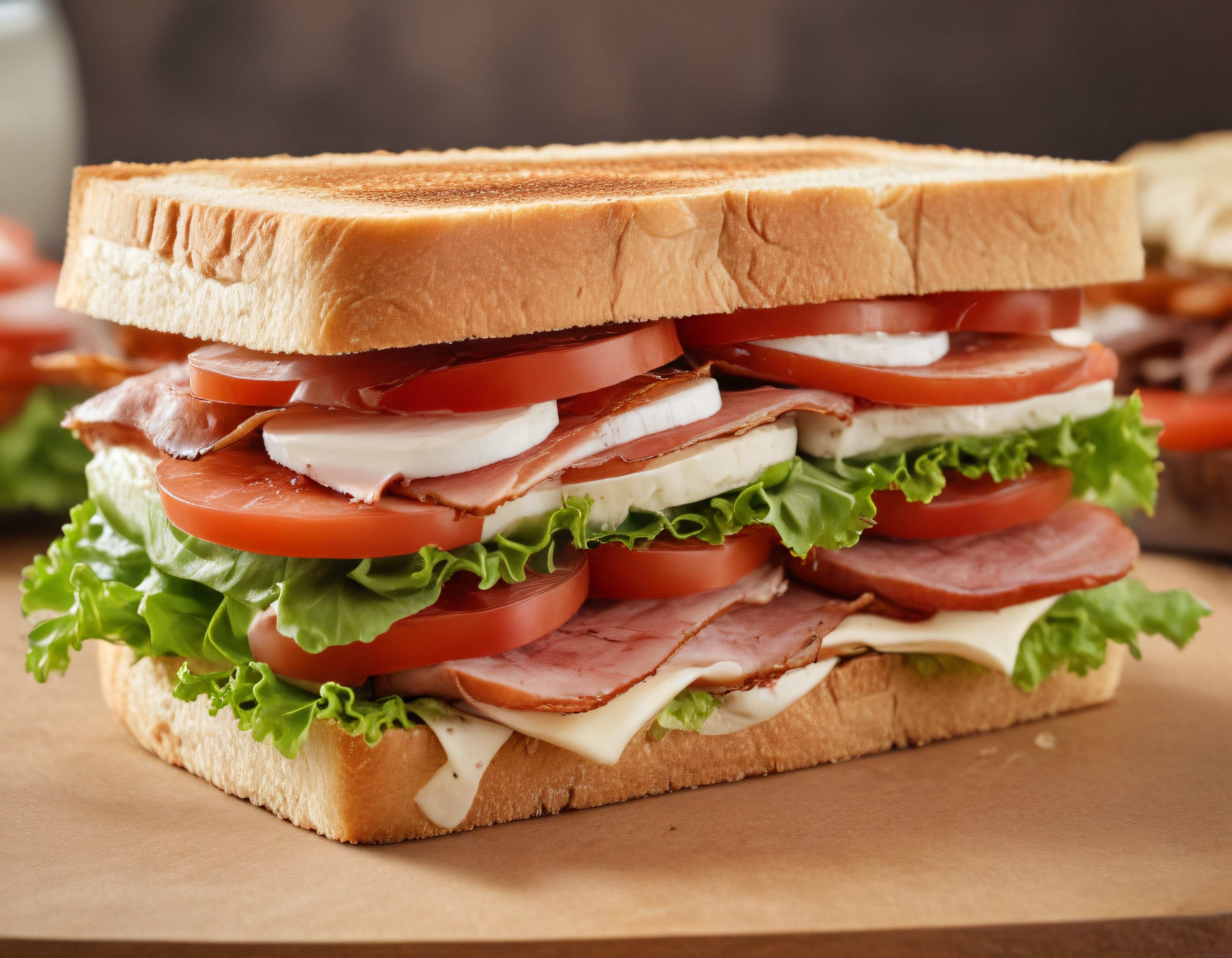 Tost ekmeği arasında taze jambon peynir ve domatesli katlı sandviç