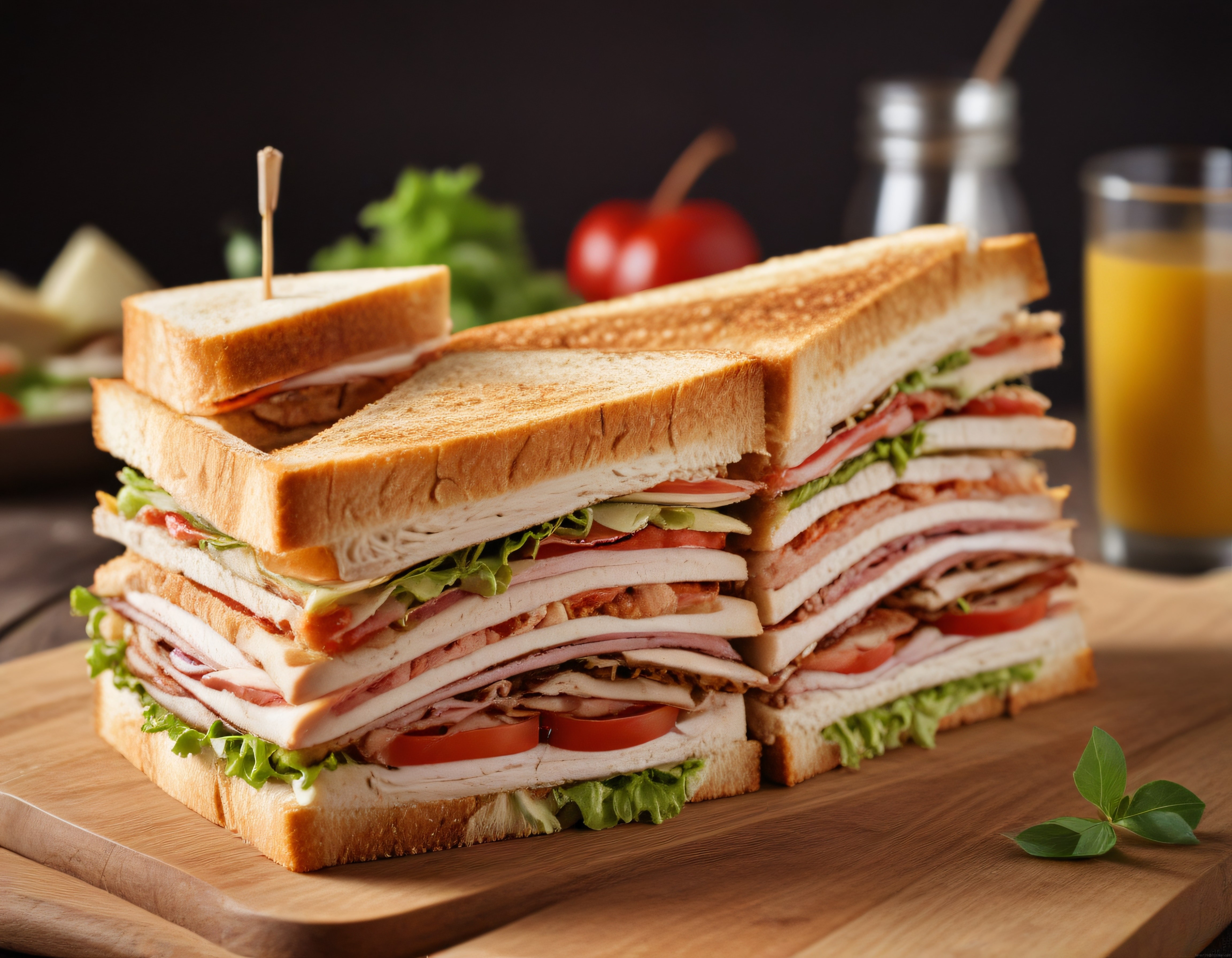 Tost Ekmeğinden Katmanlı Club Sandviç ve Taze Portakal Suyu Sunumu