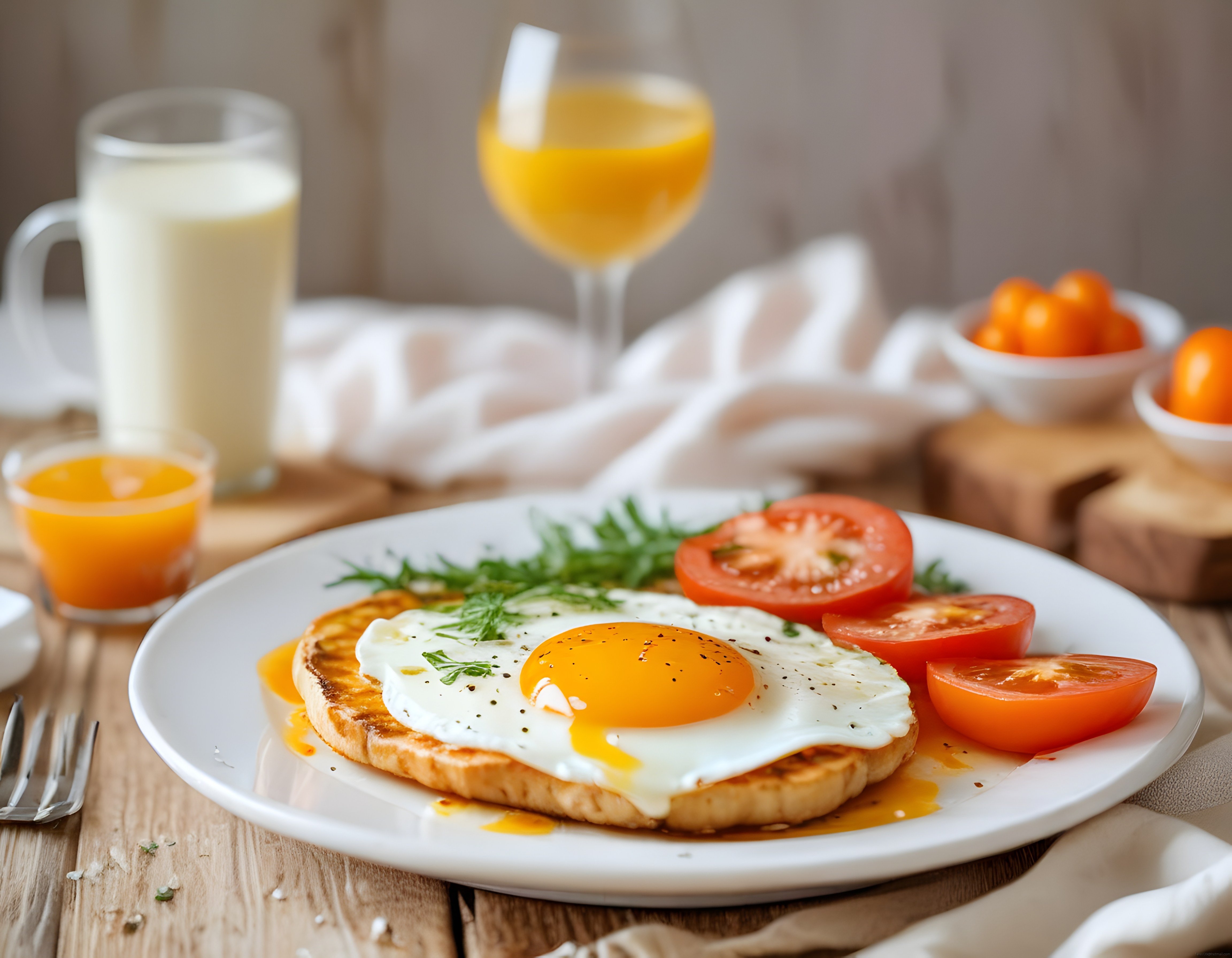 Tost üzerinde sahanda yumurta, domates ve portakal suyuyla kahvaltı