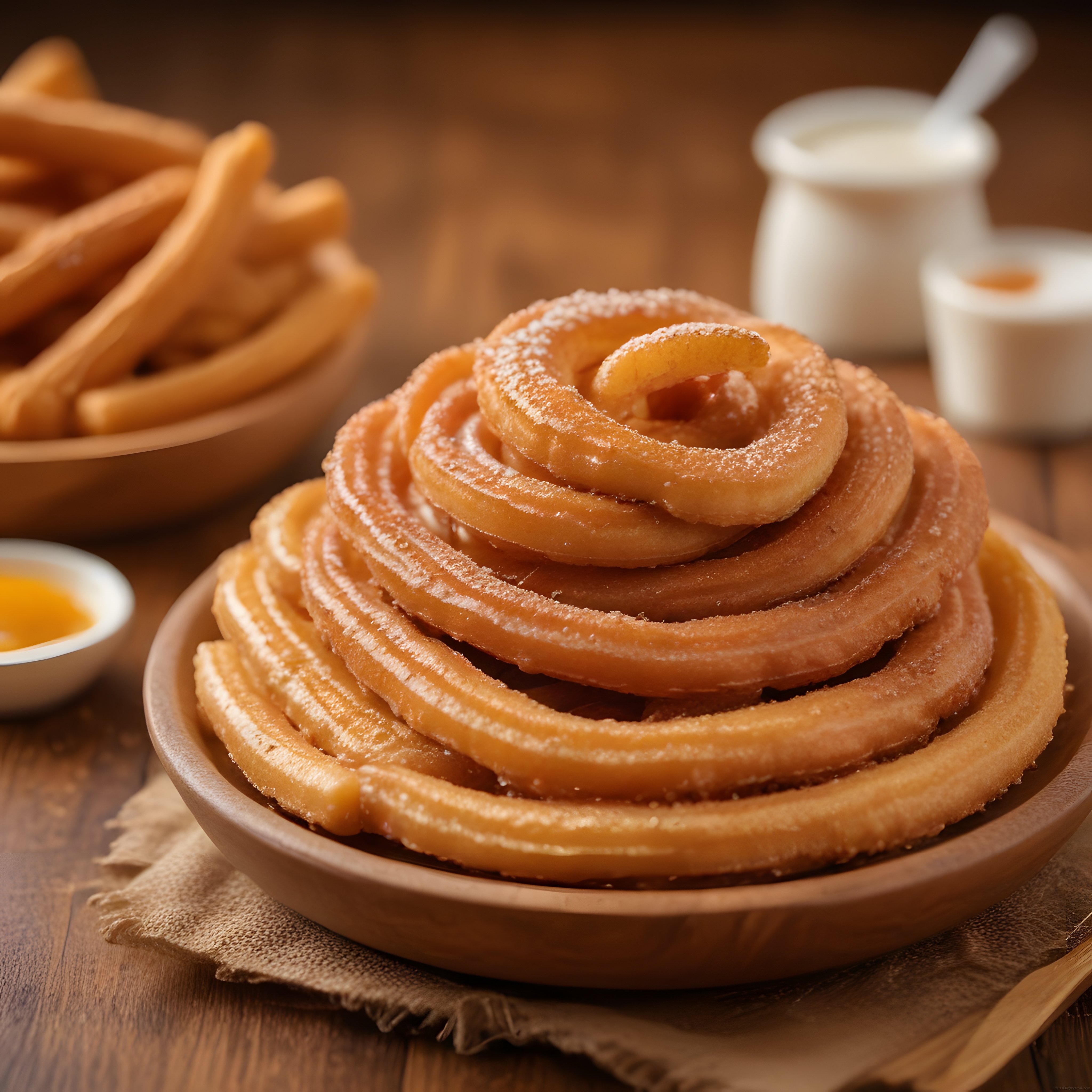 toz şekerli çıtır churrolar ve yanında çikolata sosuyla lezzetli bir sunum