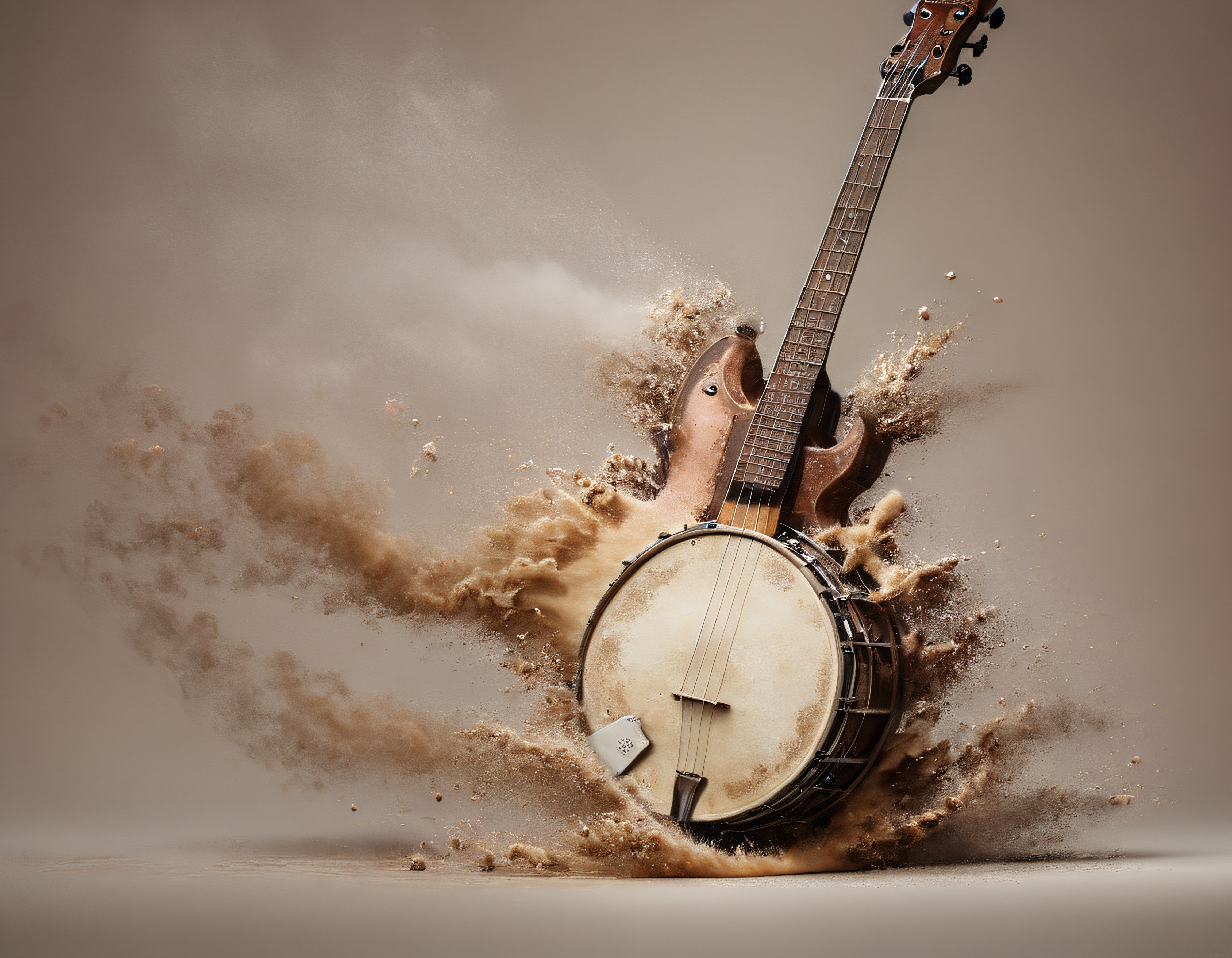 Toz ve Kum Fırtınası İçinde Parçalanan Banjo ile Sanatsal Müzik Atmosferi