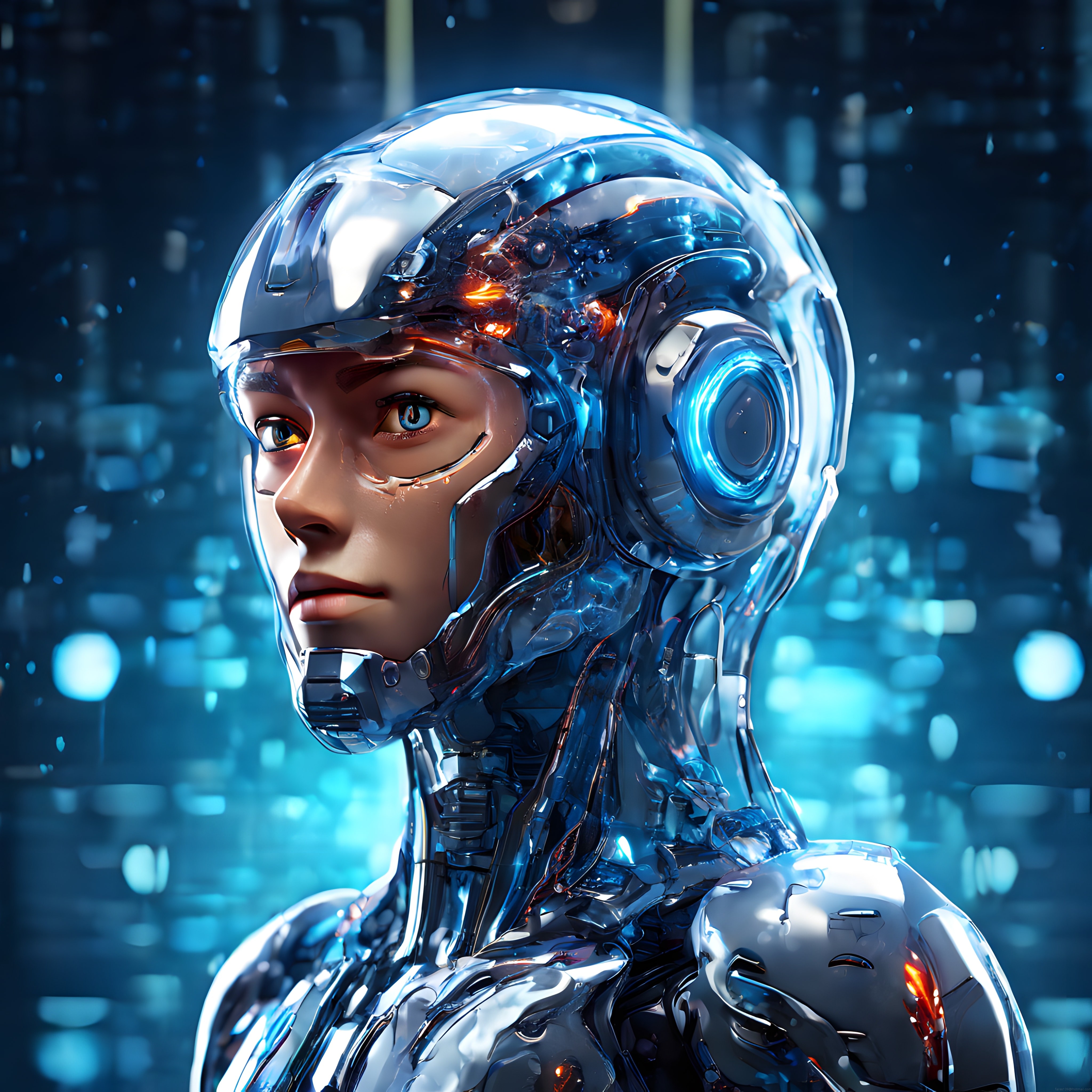 Transparan krom kasklı insanoid android ve parlak mavi gelecek atmosferi