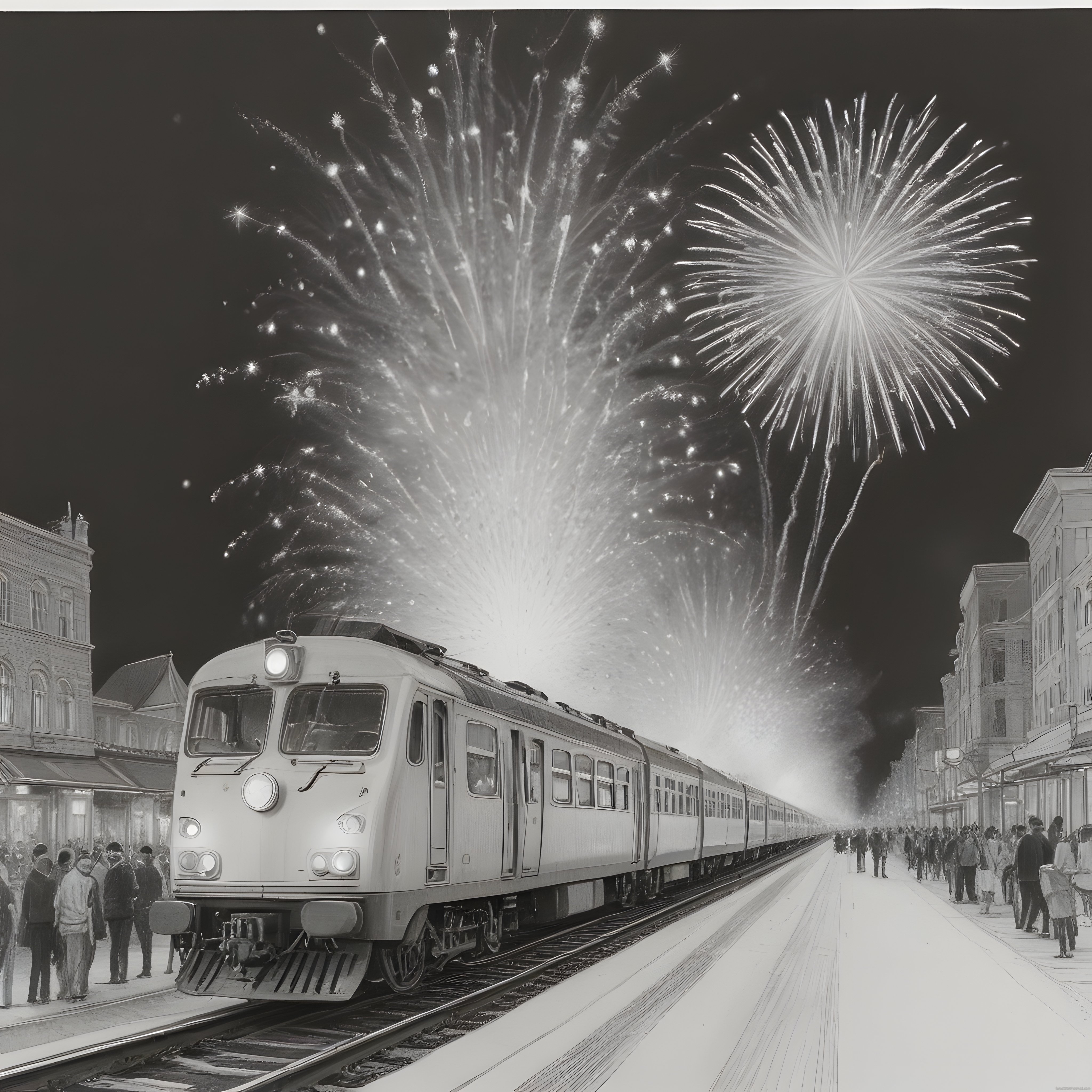 tren garında gece kutlaması ve gökyüzünü aydınlatan havai fişekler