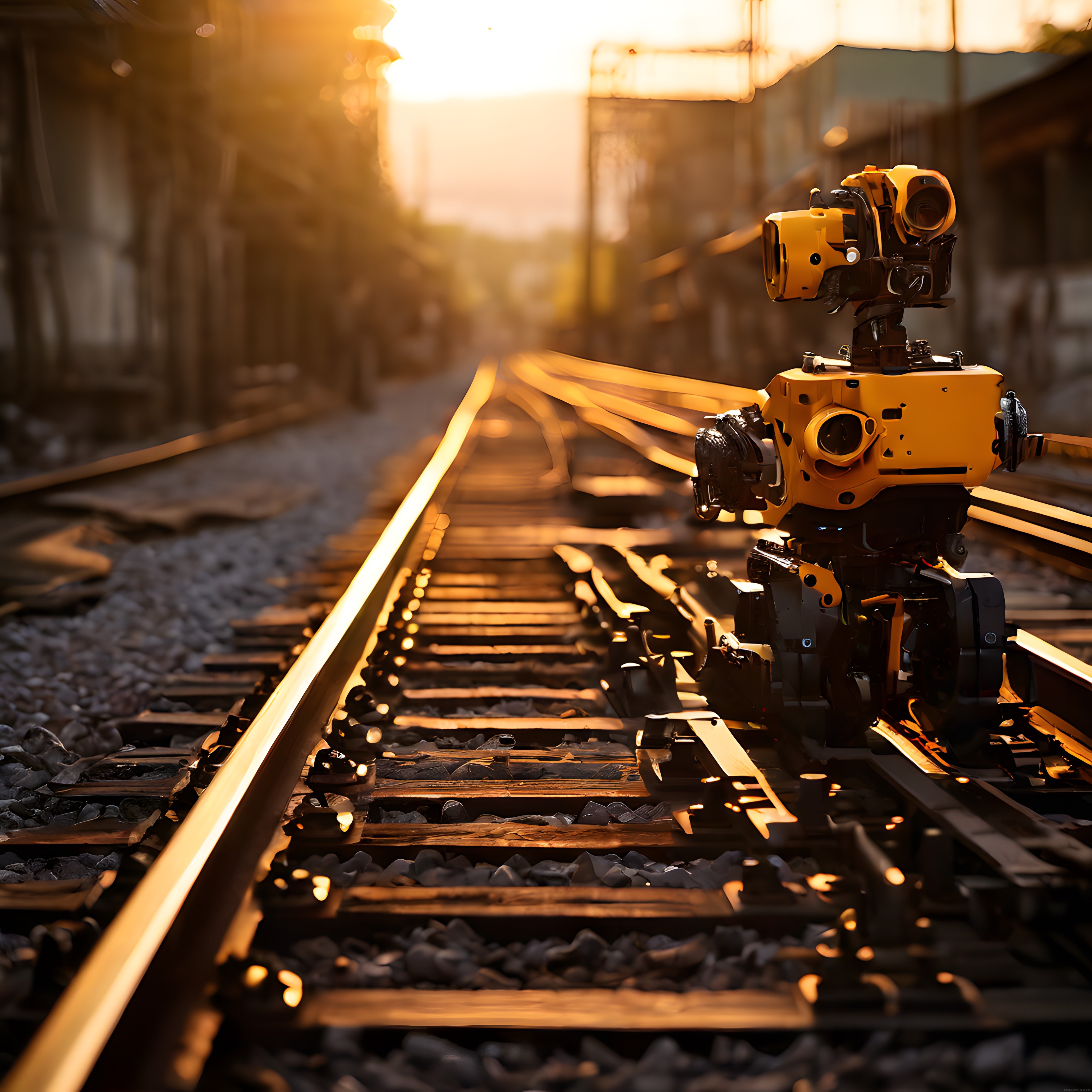 Tren Yolunda Yalnızlığa Bürünmüş Sarı Robotun Arkadan Aydınlatmalı Görüntüsü