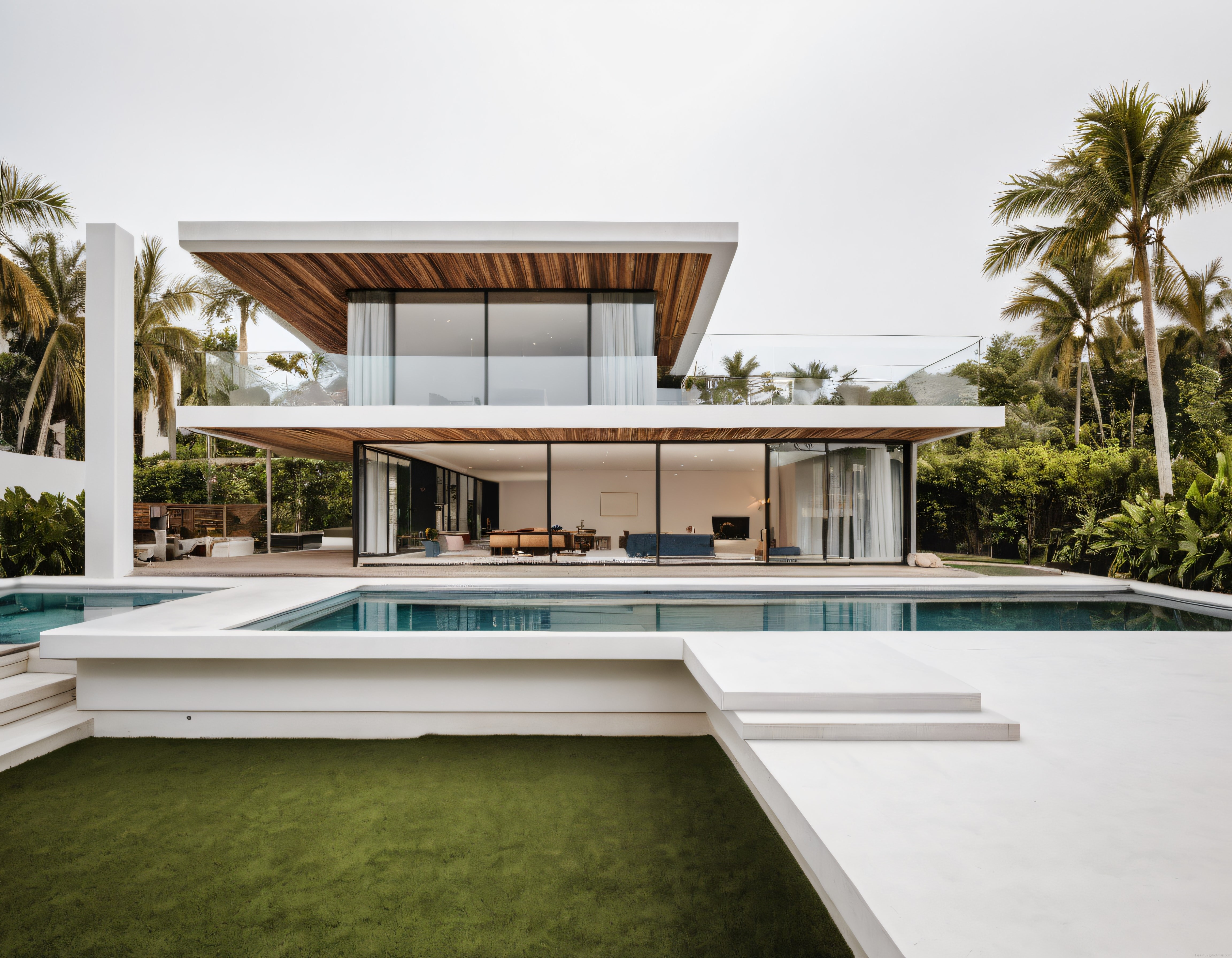 Tropik Bahçe İçinde Cam Cepheli Lüks Modern Villa ve Yüzme Havuzu