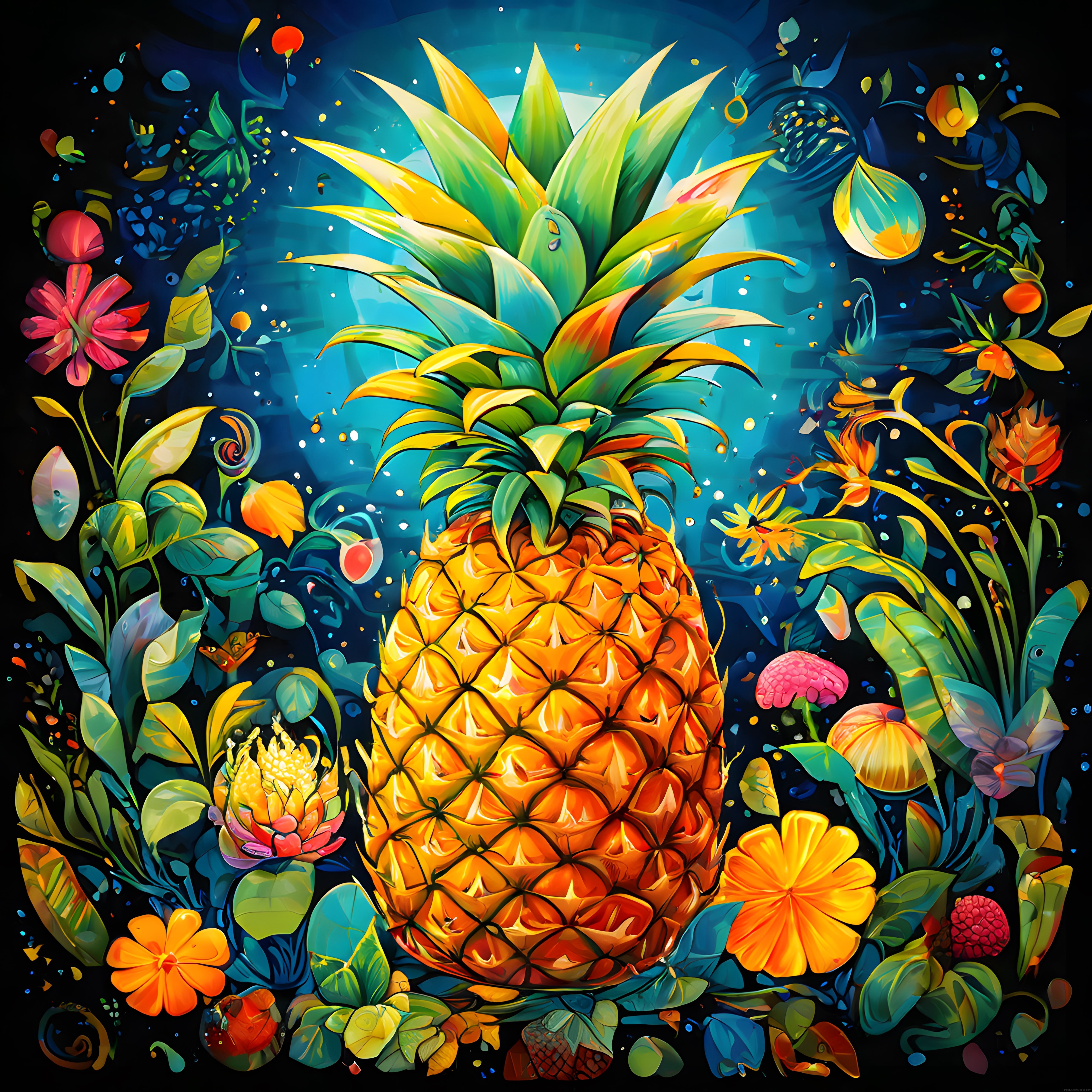 tropik rüya: ananas ve egzotik çiçeklerle çevrili renkli dijital sanat