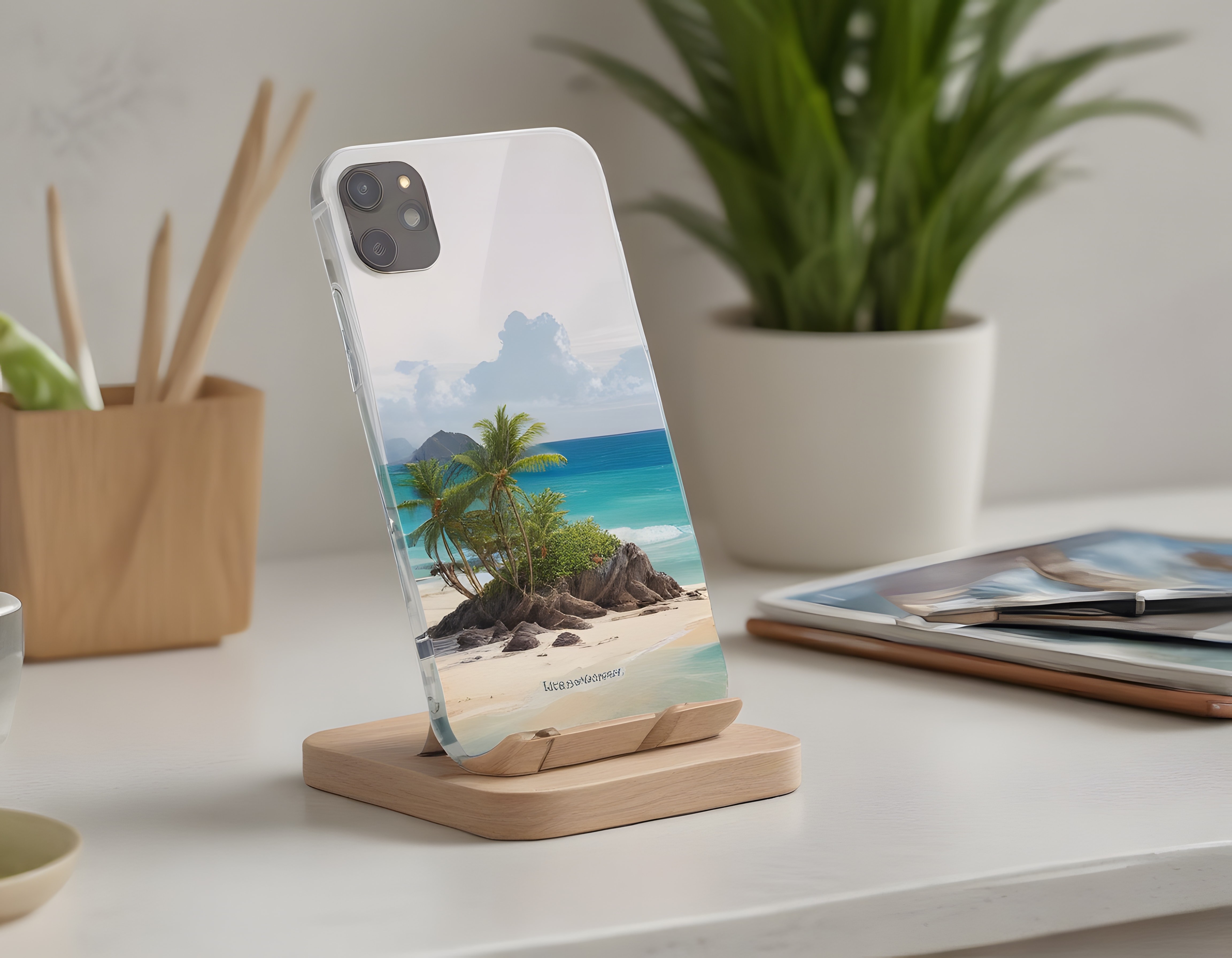 Tropikal Ada Desenli Şeffaf iPhone Kılıfı ve Minimal Çalışma Masası Düzeni