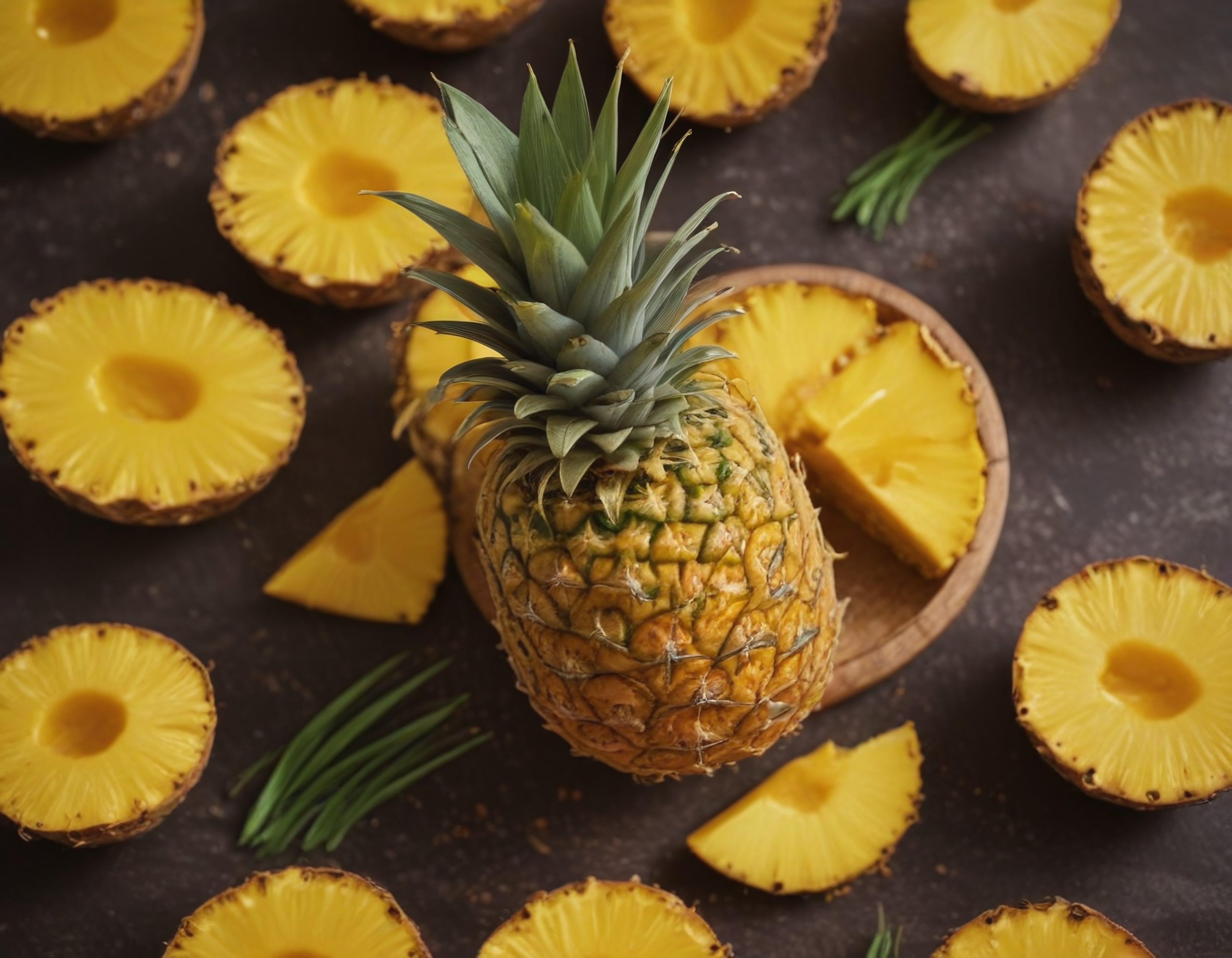 Tropikal Ananas ve Taze Dilimleriyle Koyu Zeminli Mutfak Masası Sunumu