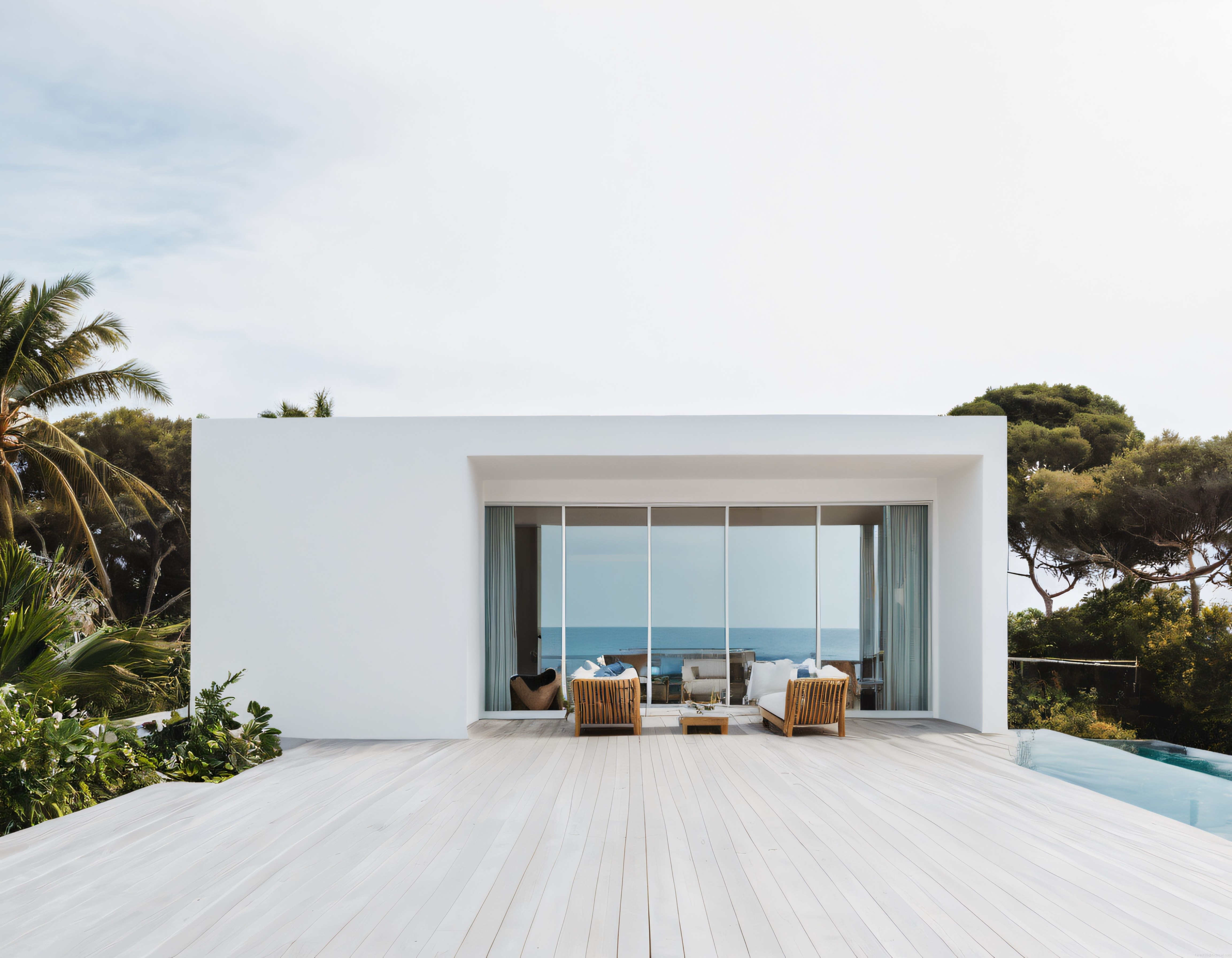 Tropikal Bahçe İçinde Deniz Manzaralı Beyaz Villa ve Ahşap Teras