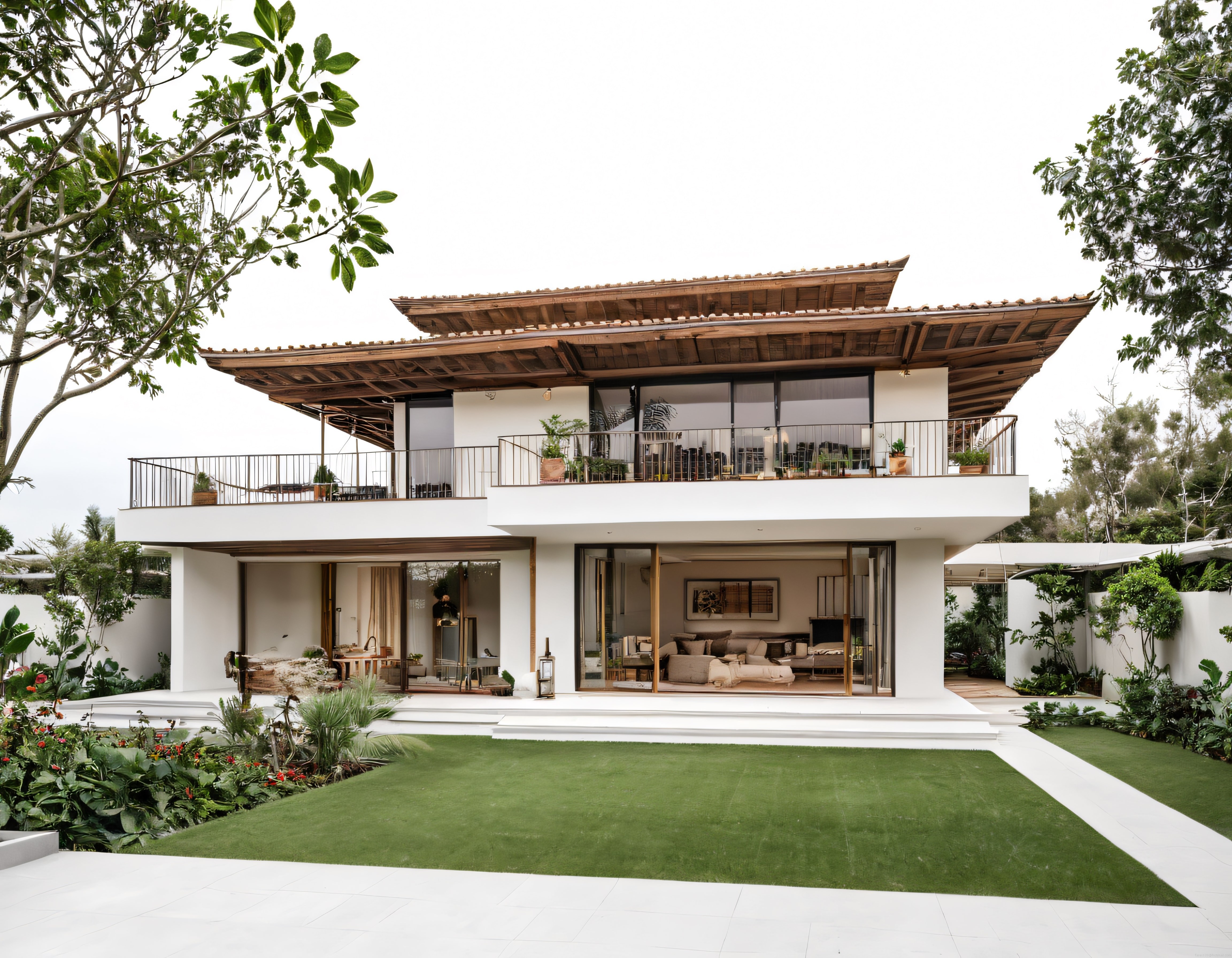 Tropikal Bahçe İçinde Geniş Teraslı ve Ahşap Çatılı Modern Villa