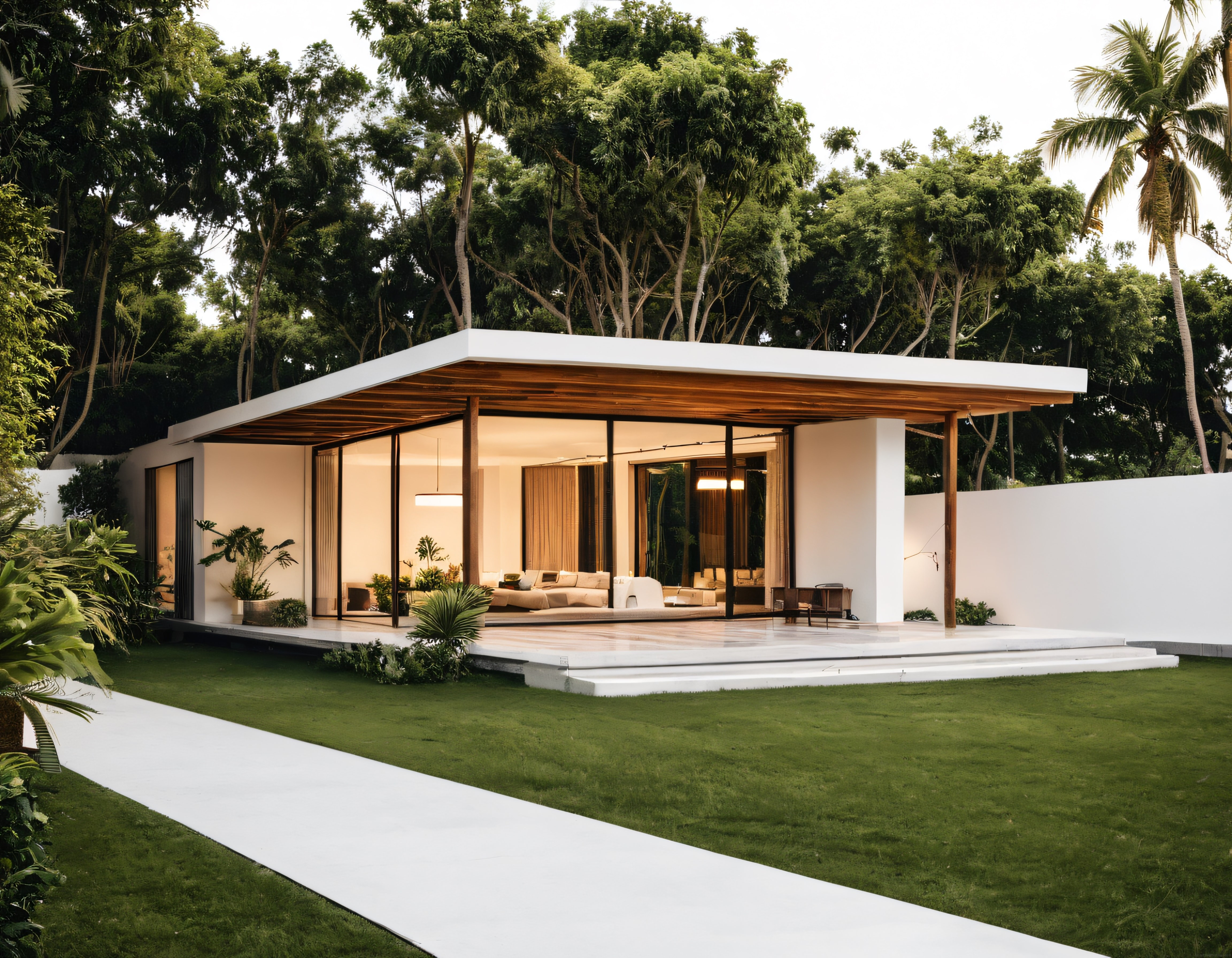 Tropikal bahçe içinde yer alan cam cepheli modern minimalist villa