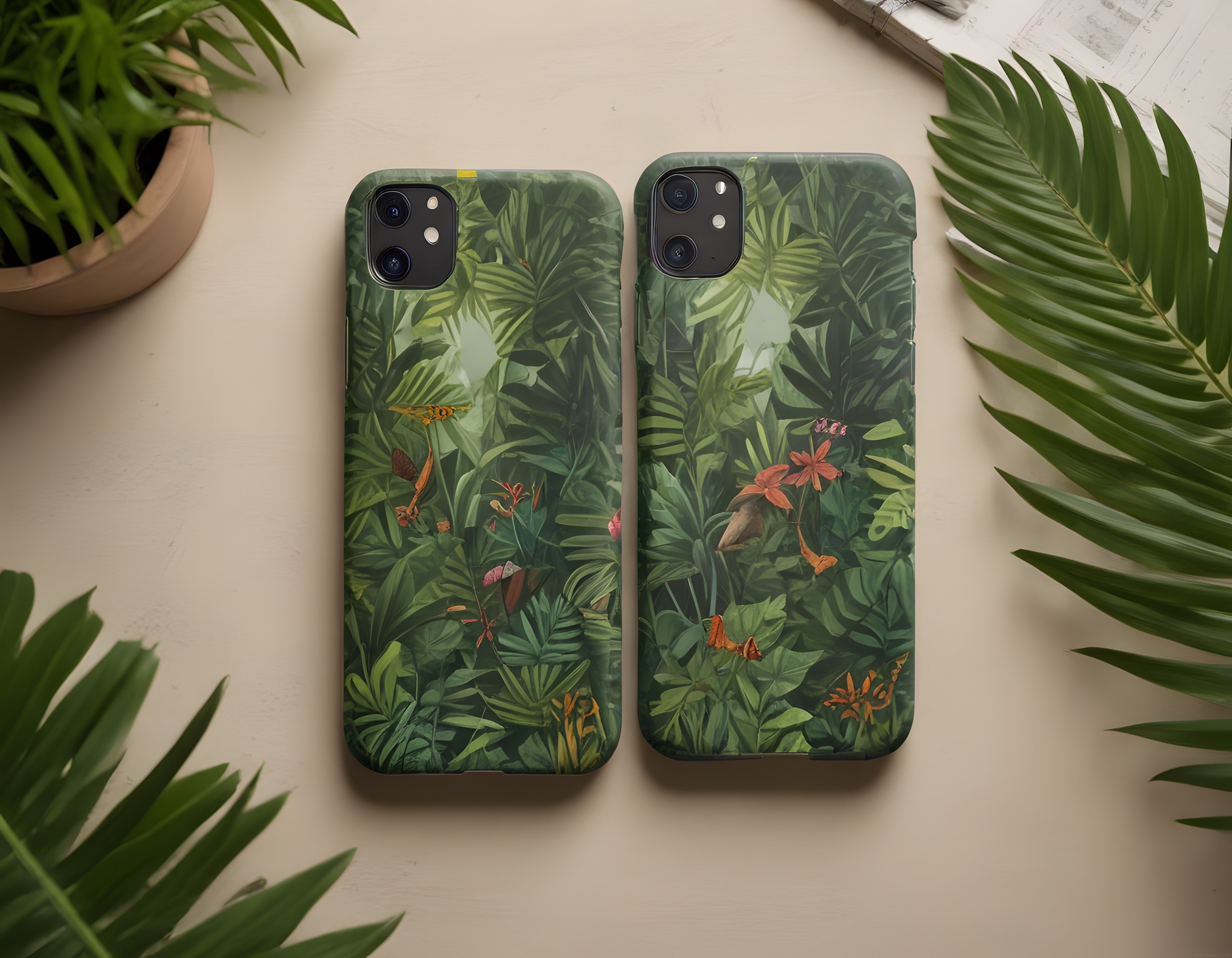 Tropikal Bitki ve Kelebek Desenli Çift iPhone Kılıfı Ürün Çekimi