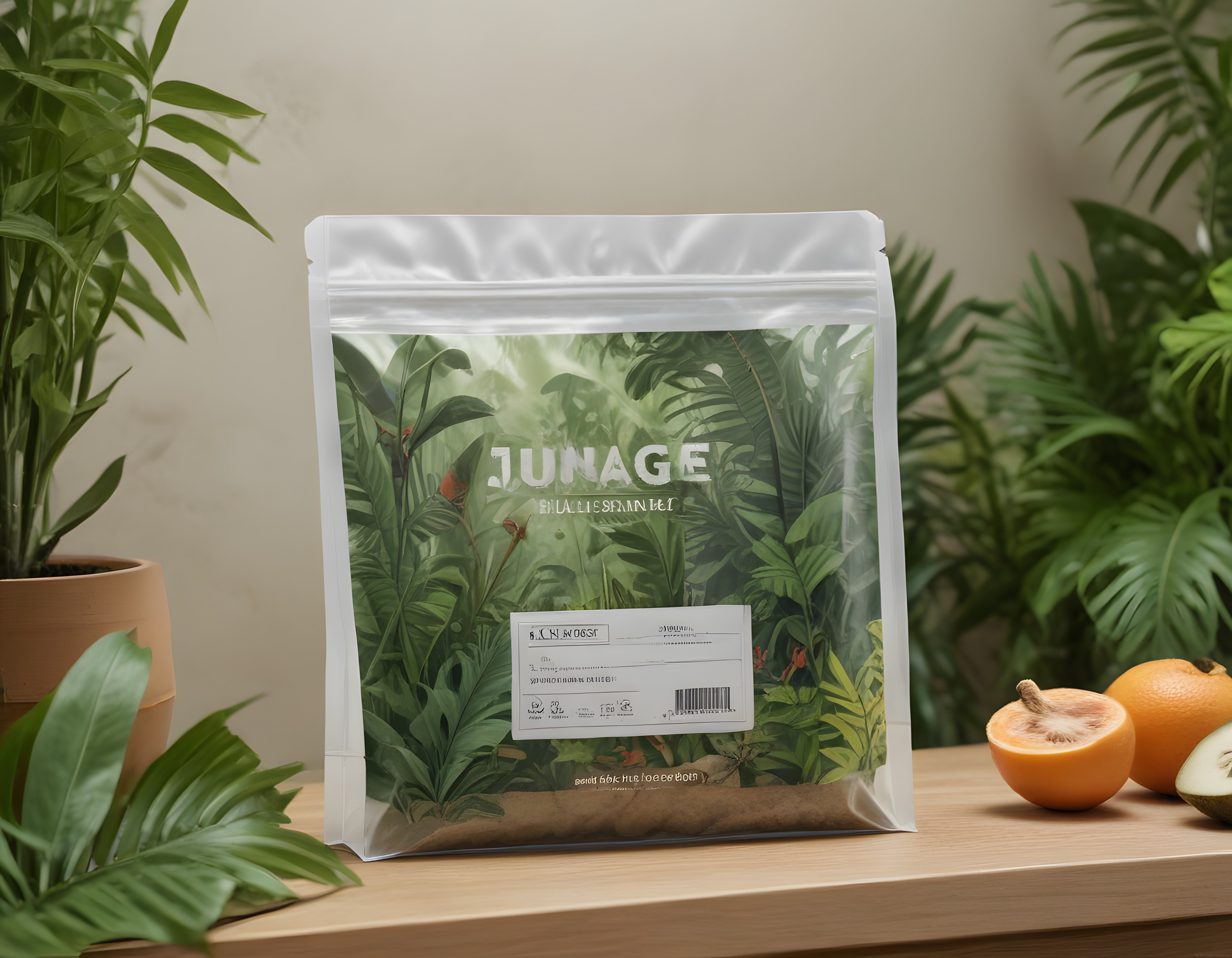 Tropikal bitkiler arasında jungle smoothie paketi ve ahşap masada taze meyveler.