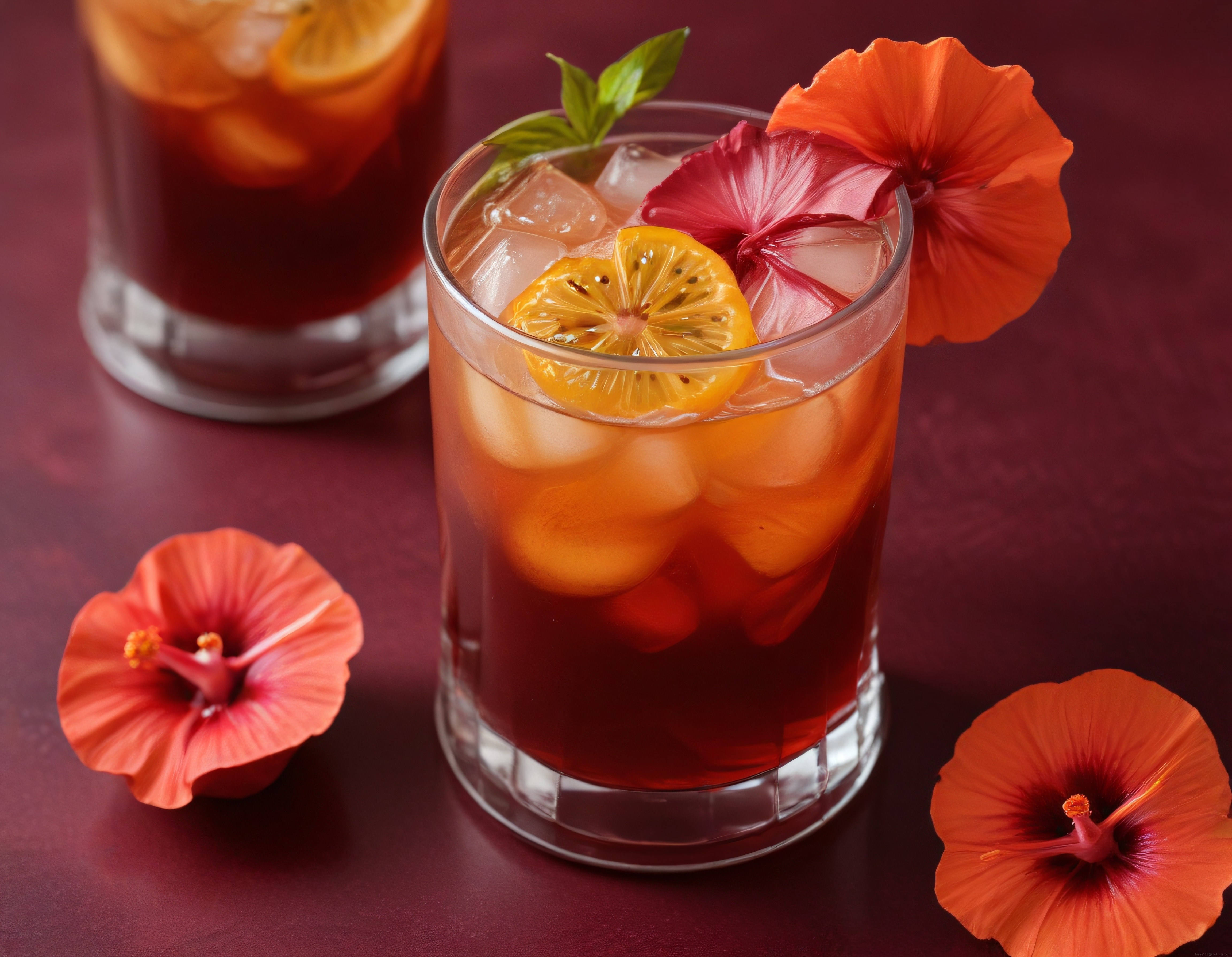 Tropikal Çiçeklerle Süslenmiş Buzlu Hibiskus Çayı ve Serinletici İçecek