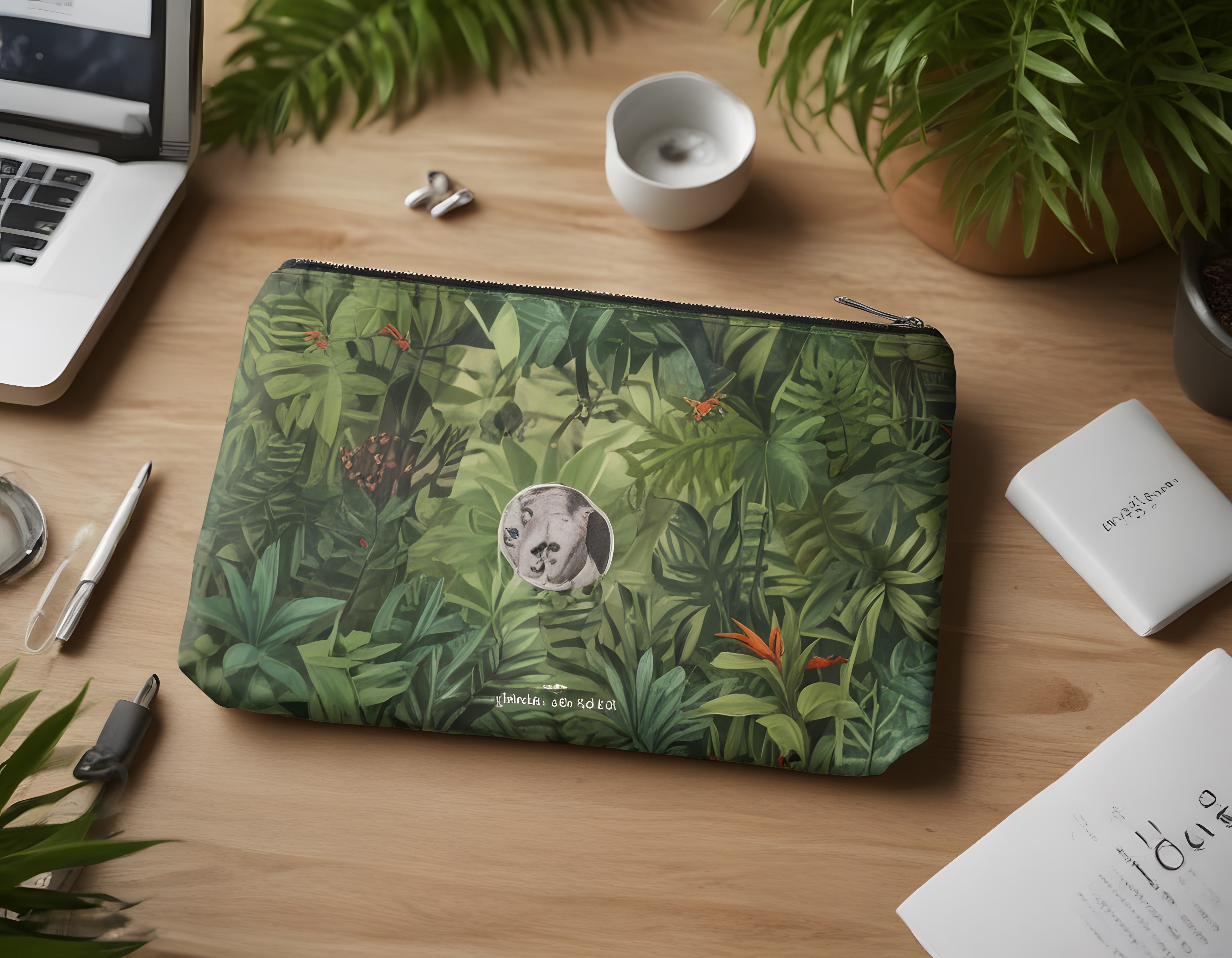 Tropikal Desenli Laptop Kılıfı ve Köpek Motifiyle Dikkat Çeken Masaüstü Düzeni