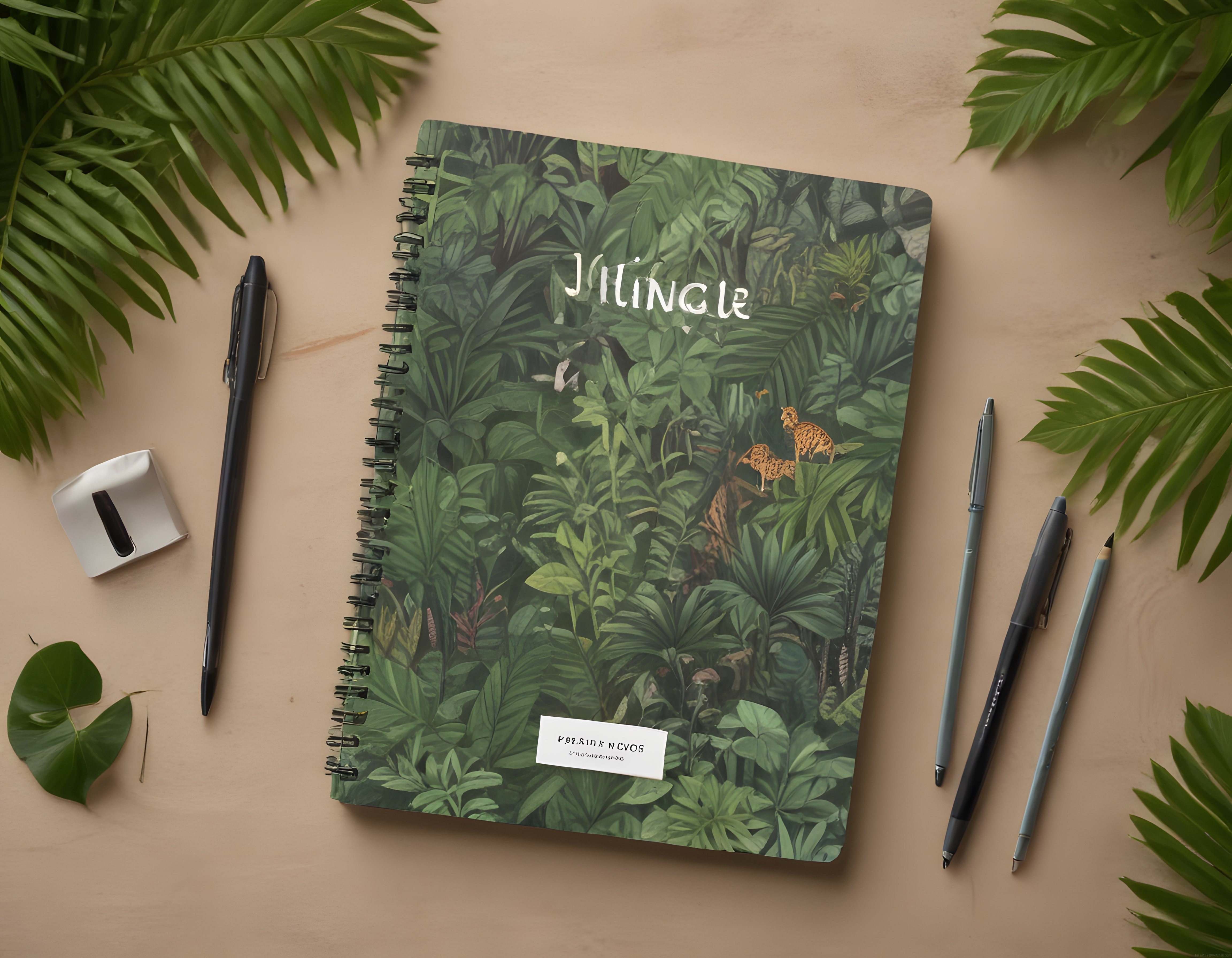 tropikal desenli spiralli defter ve kırtasiye ürünleriyle flat lay ürün çekimi