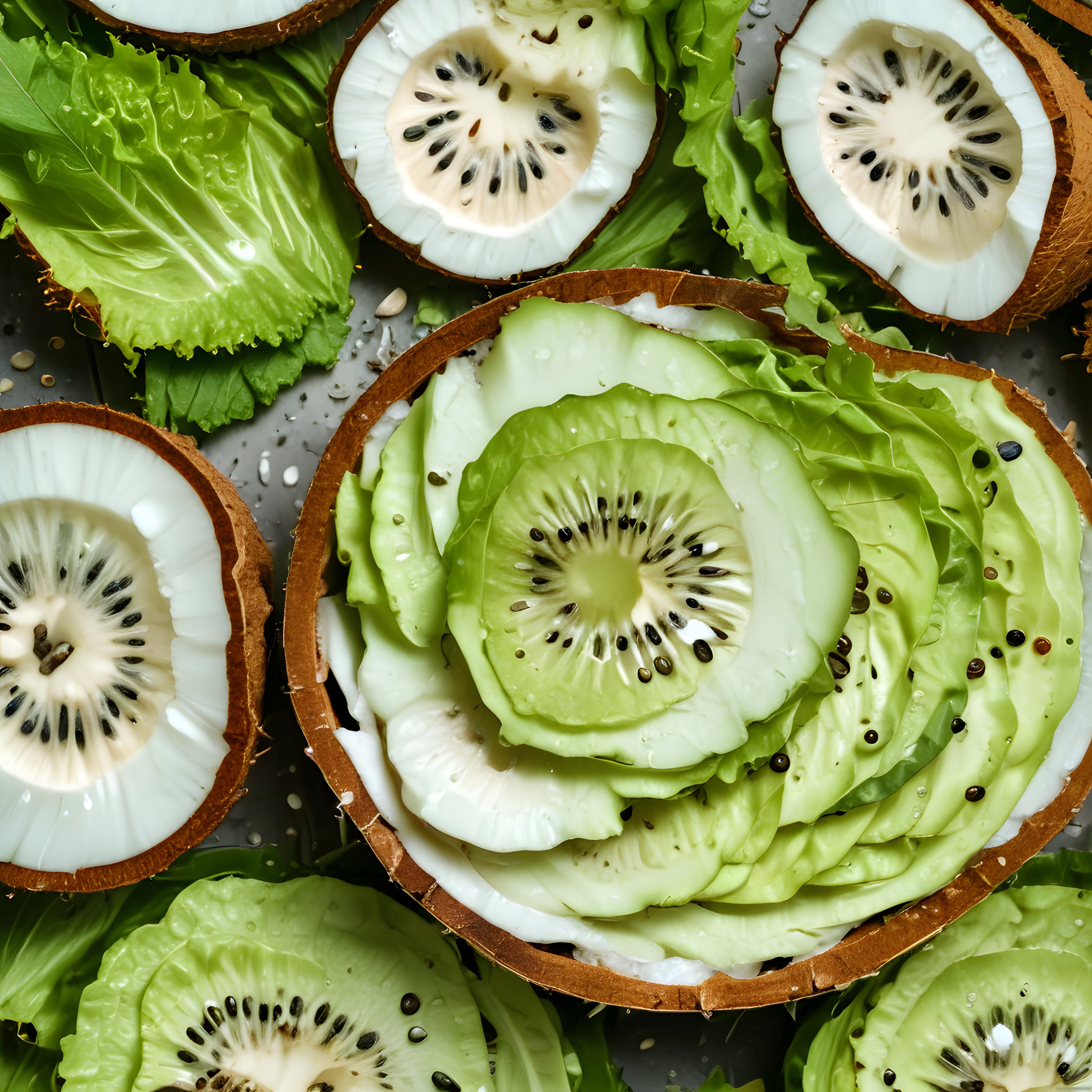 Tropikal Esintili Hindistan Cevizi Kaselerinde Taze Kivili Yeşil Salata