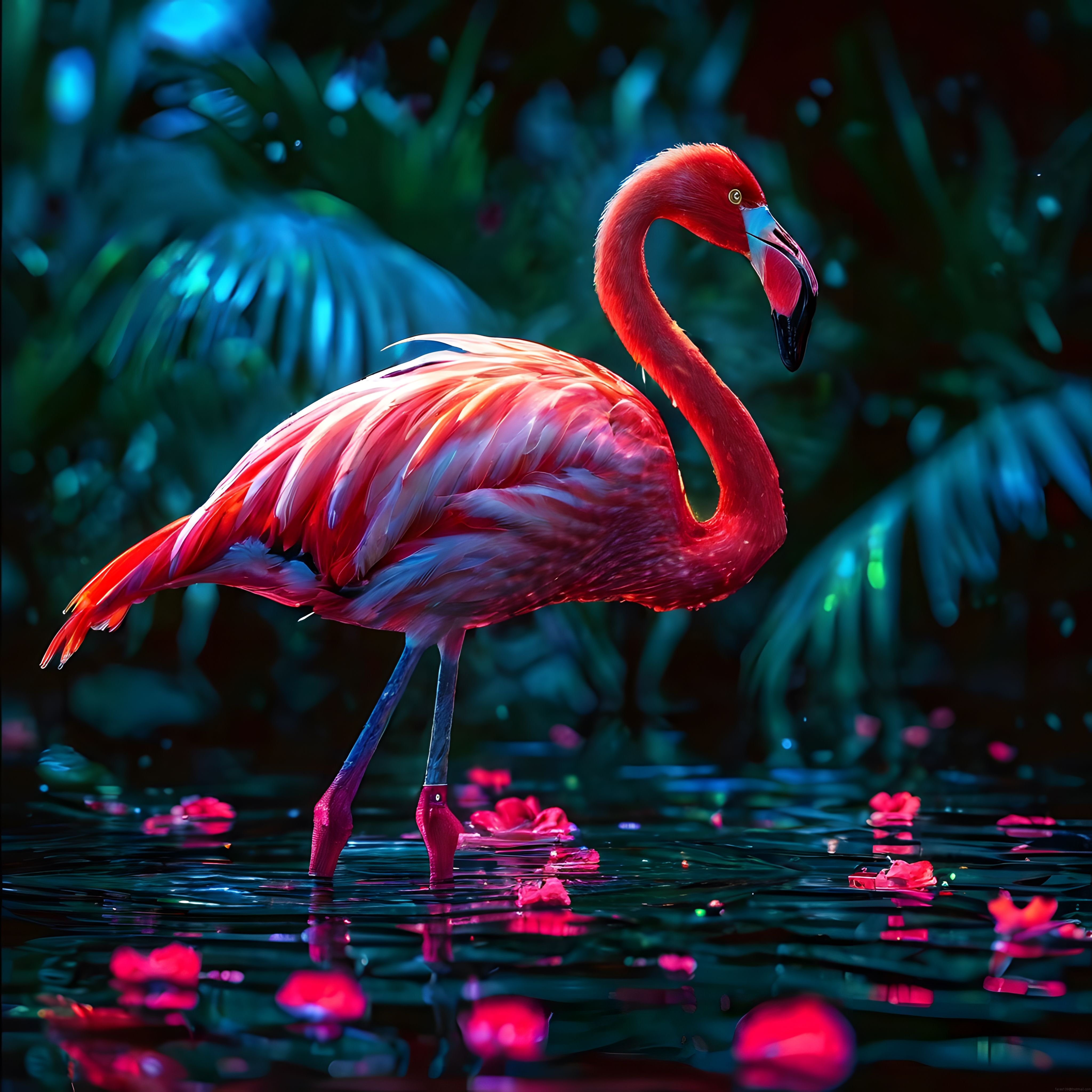 Tropikal Gecede Neon Işıklar Altında Süren Zarif Pembe Flamingo ve Yansımalar