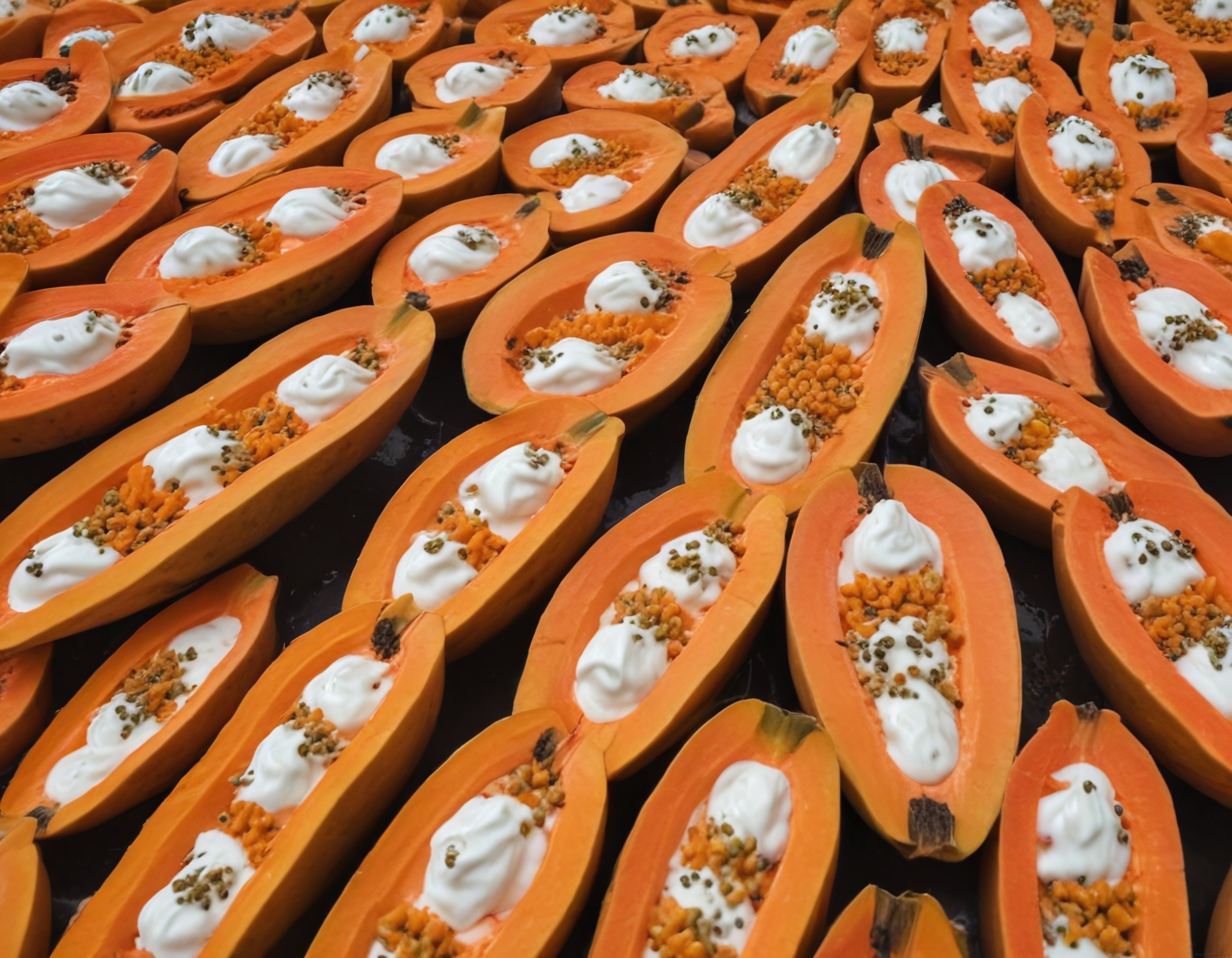 Tropikal Kahvaltı Sunumu: Yoğurtlu ve Baharatlı Taze Papaya Dilimleri