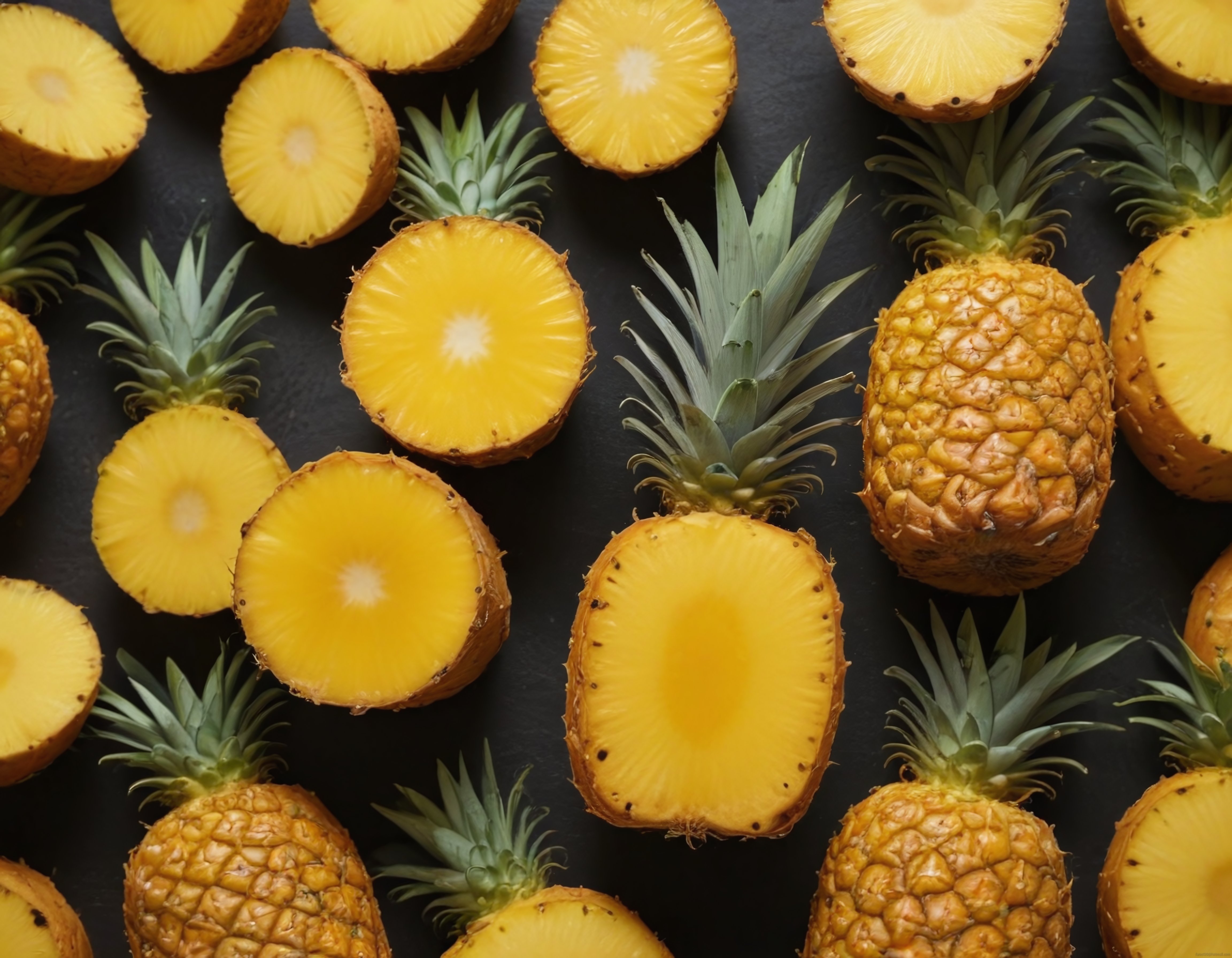 Tropikal Lezzet: Koyu Arka Planda Taze Ananas Dilimleri ve Bütün Ananaslar