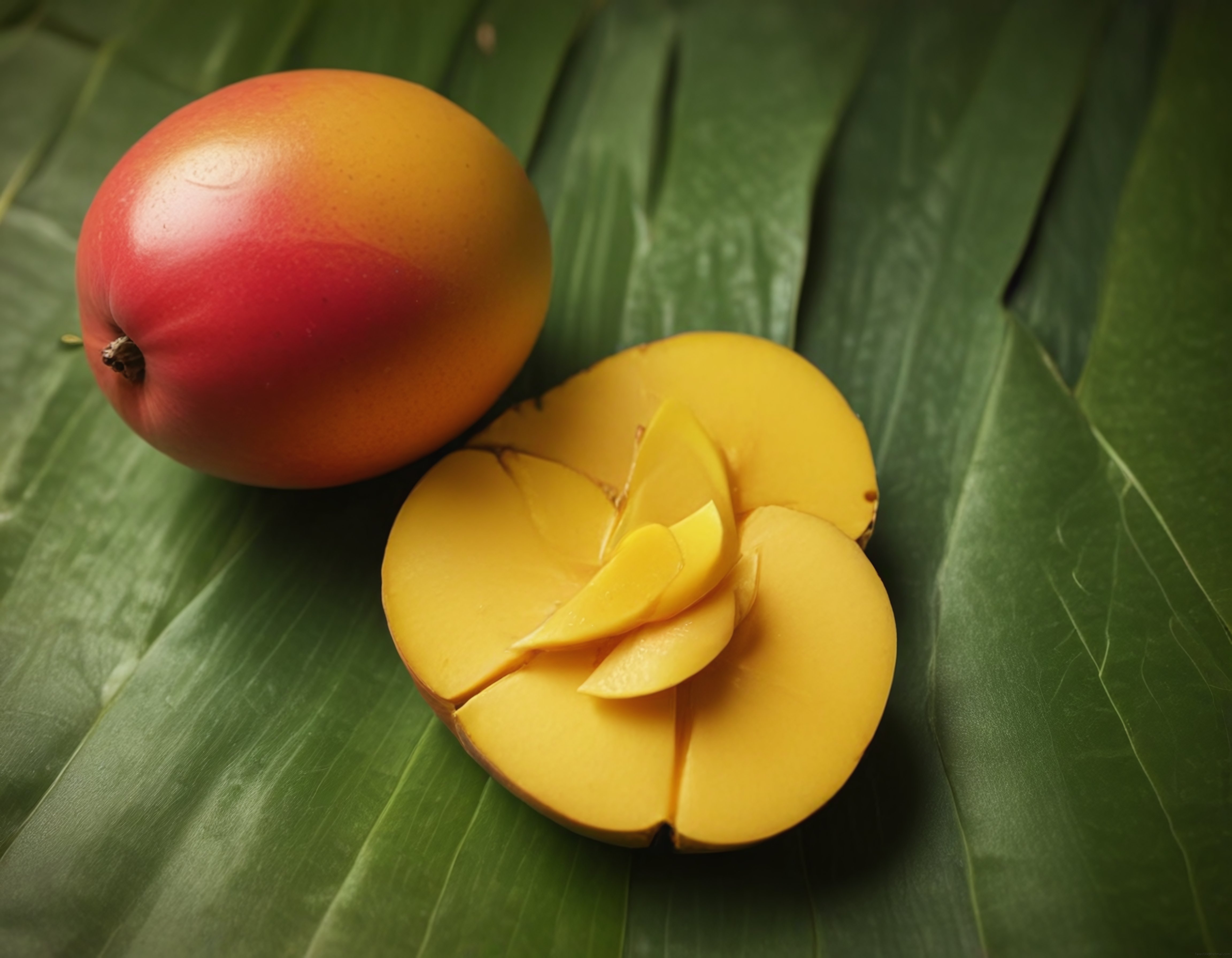Tropikal Mango: Yeşil Yaprak Üzerinde Taze Bütün ve Dilimlenmiş Mango