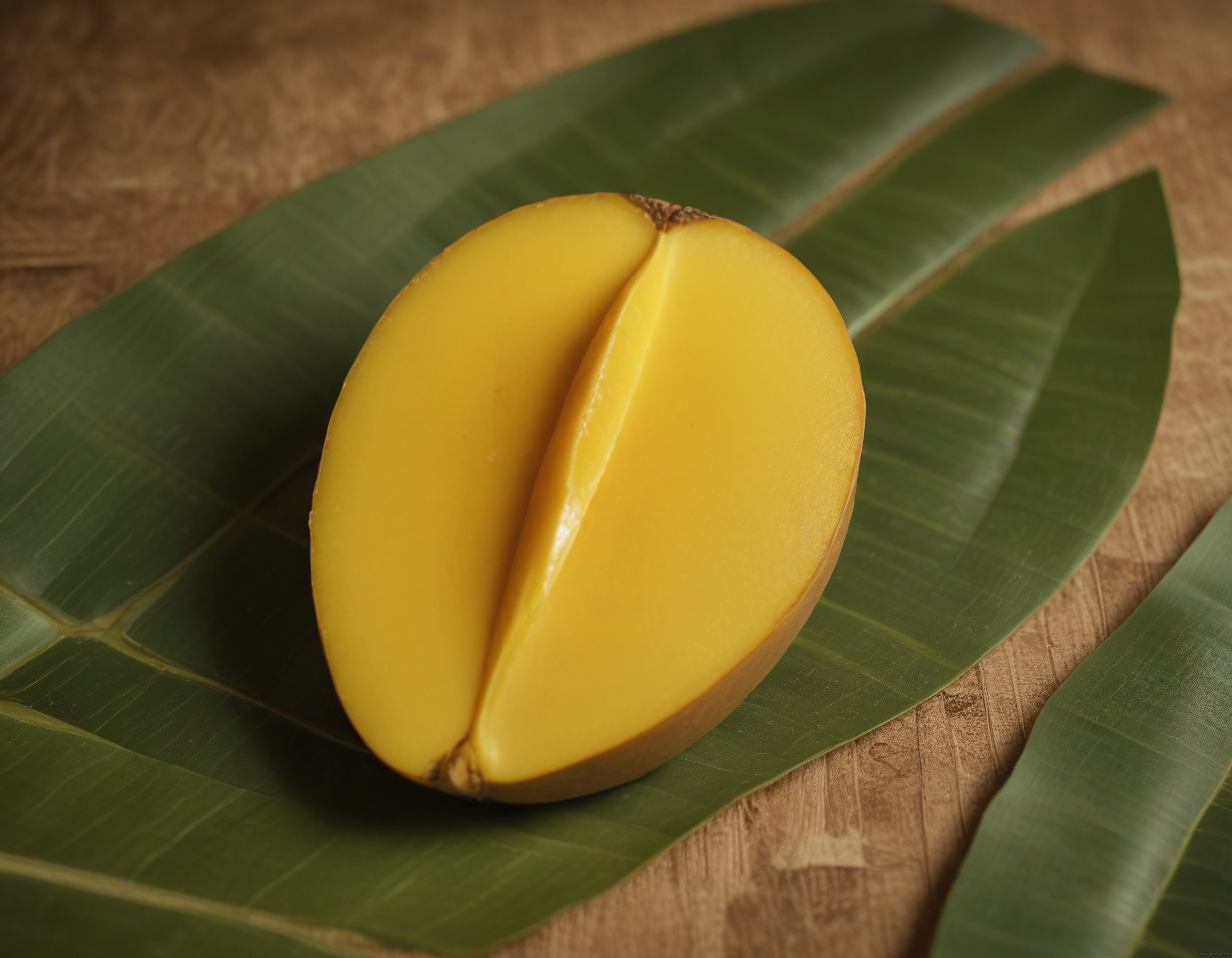 Tropikal Meyve Sunumu: Yaprak Üzerinde Yarım Kesilmiş Sarı Mango