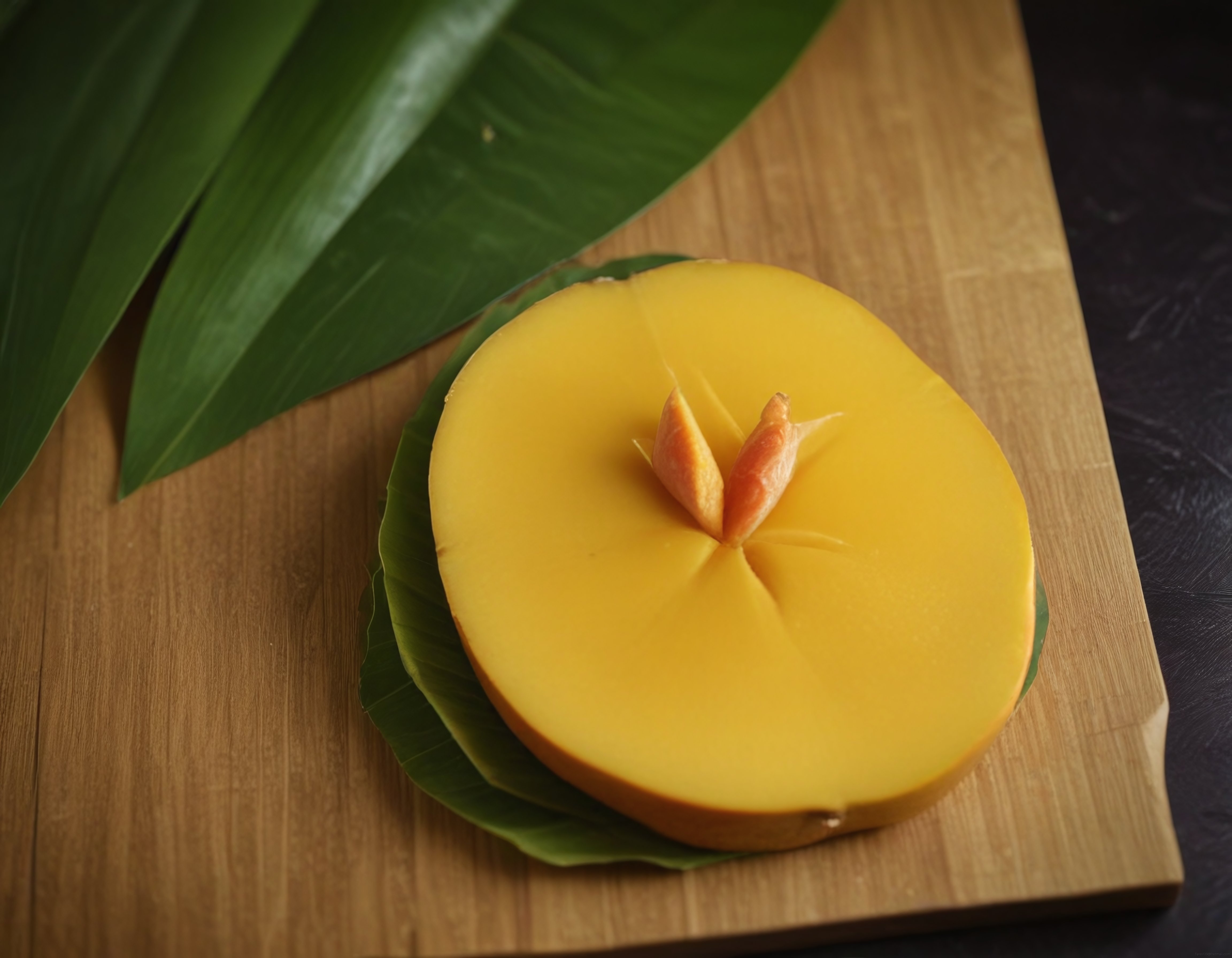 Tropikal Olgun Mango Dilimi: Yeşil Yapraklar ve Ahşap Tahta Üzerinde Sunum