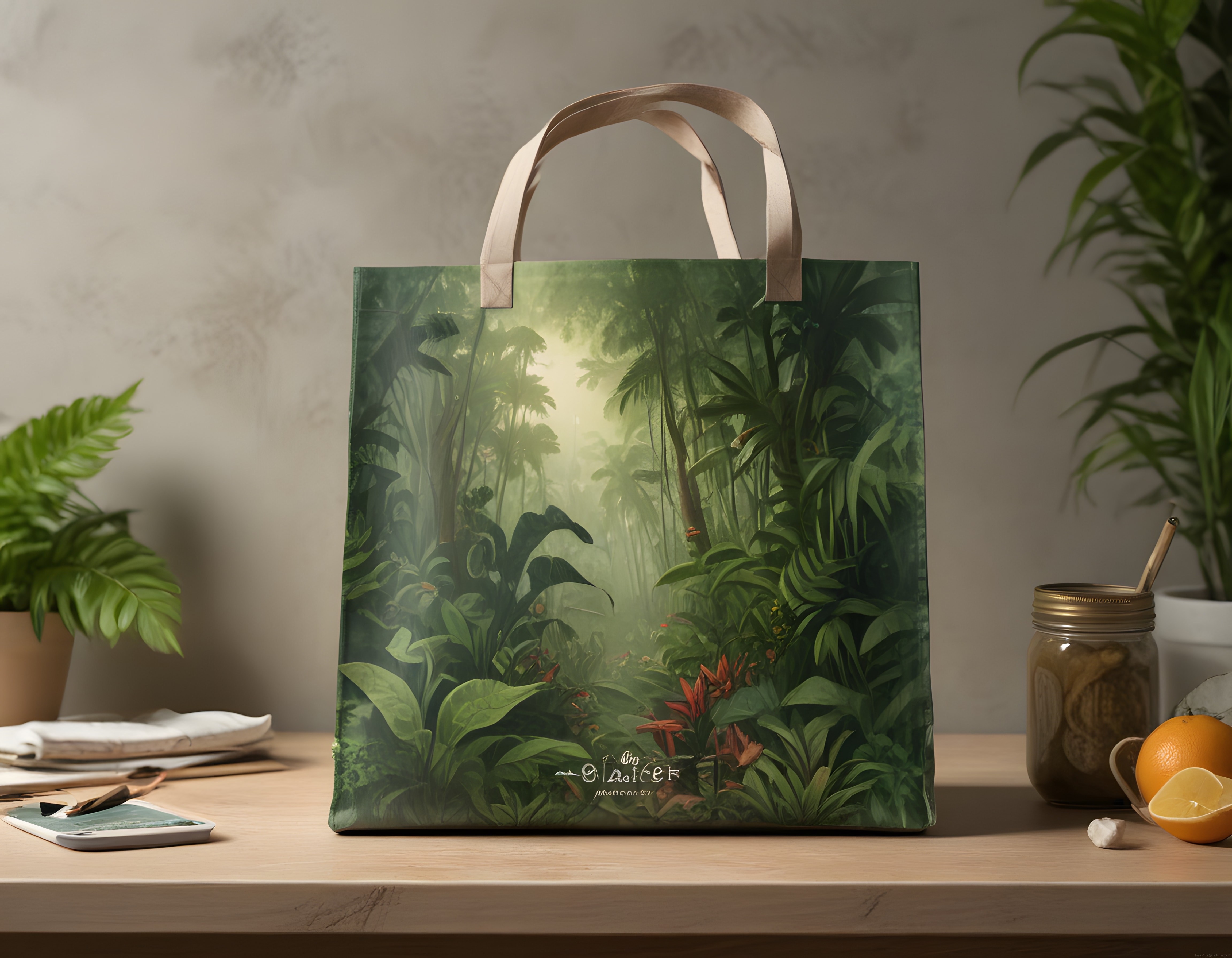 Tropikal orman desenli bez çanta ve doğal yaşam köşesinin huzurlu atmosferi Tropikal orman desenli bez çanta ve doğal yaşam köşesinin huzurlu atmosferi