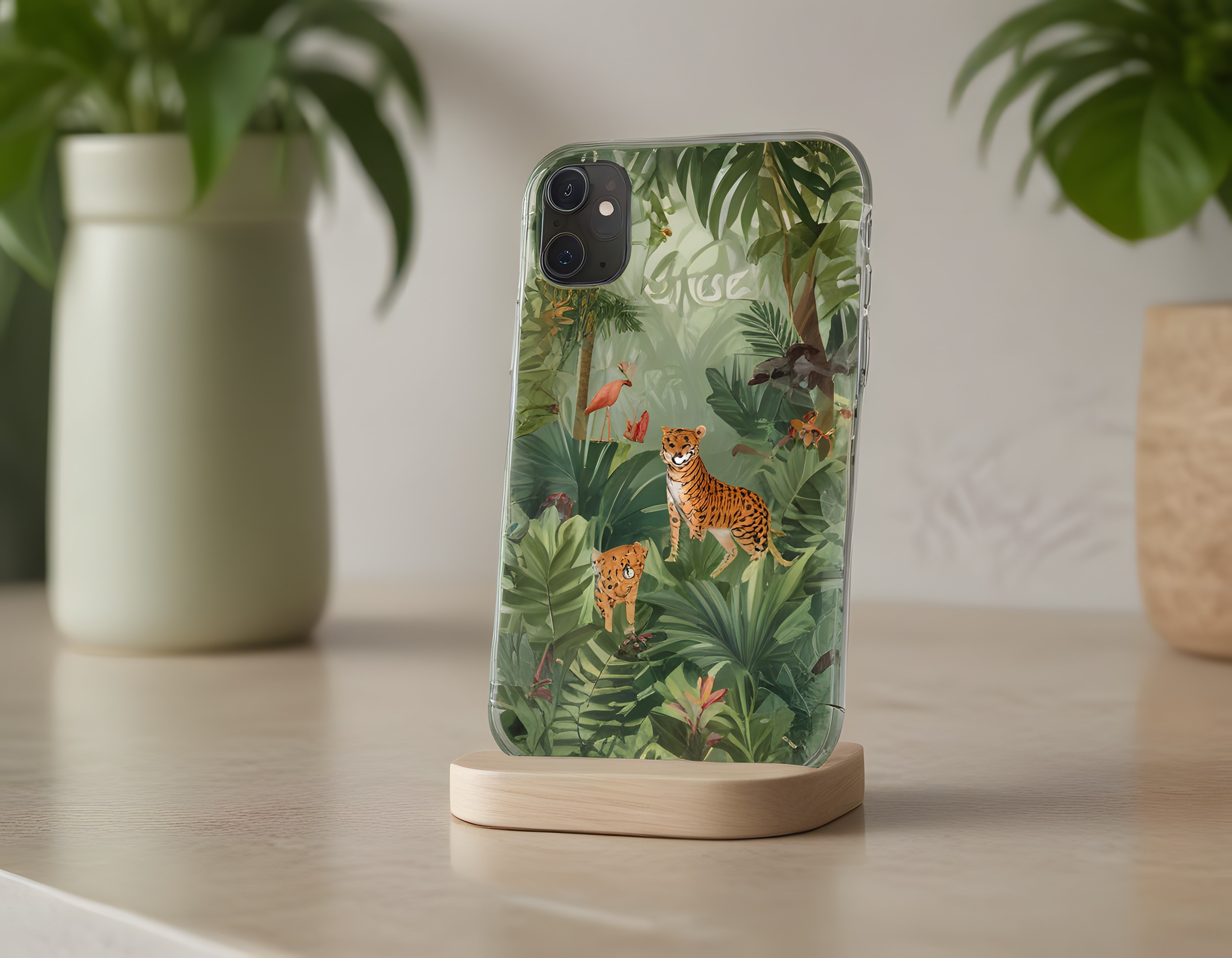 Tropikal Orman Desenli Şeffaf iPhone Kılıfı ve Jungle Temalı Ürün Çekimi