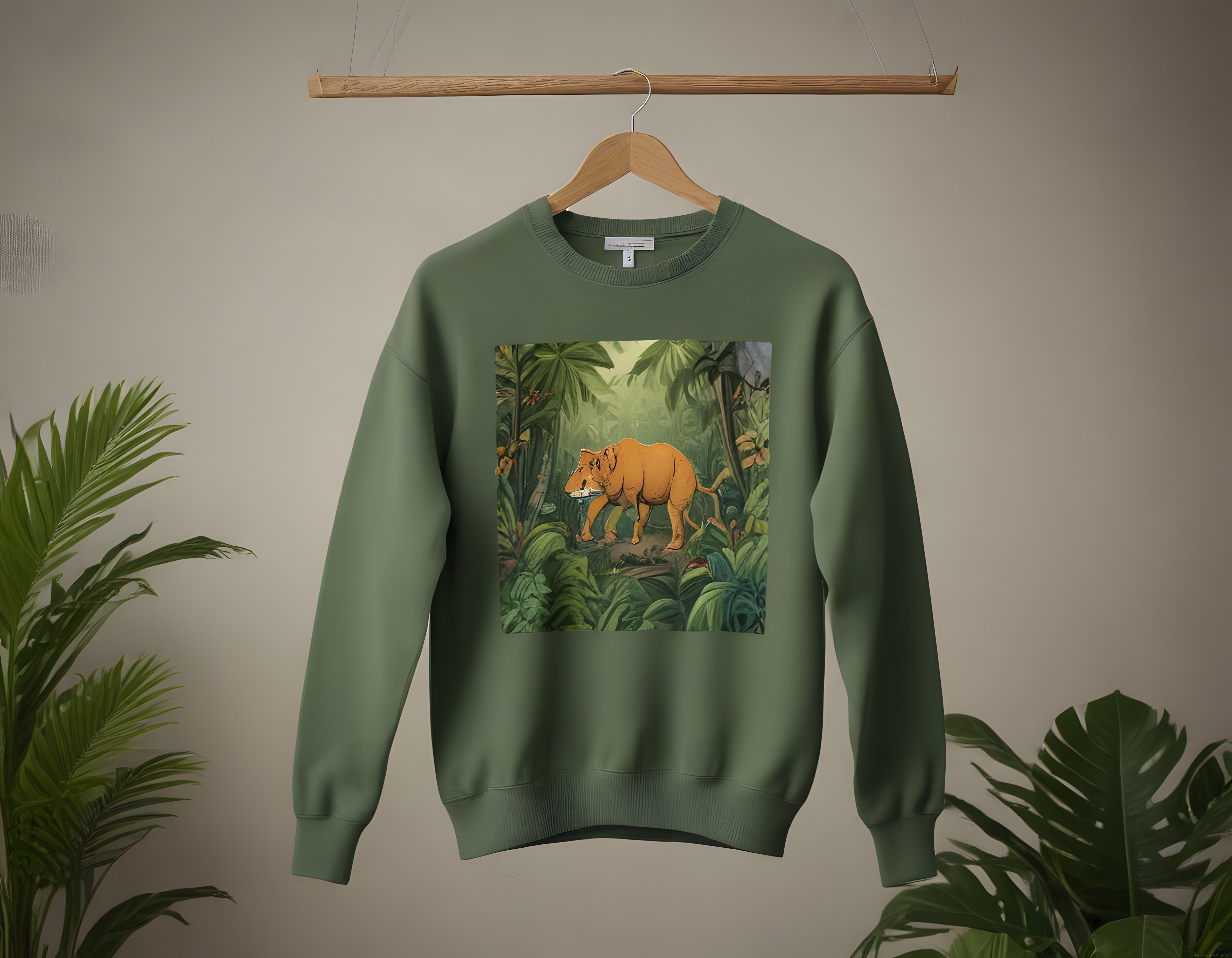 Tropikal Orman Desenli Yeşil Sweatshirt ve Bitki Detaylı Stüdyo Çekimi