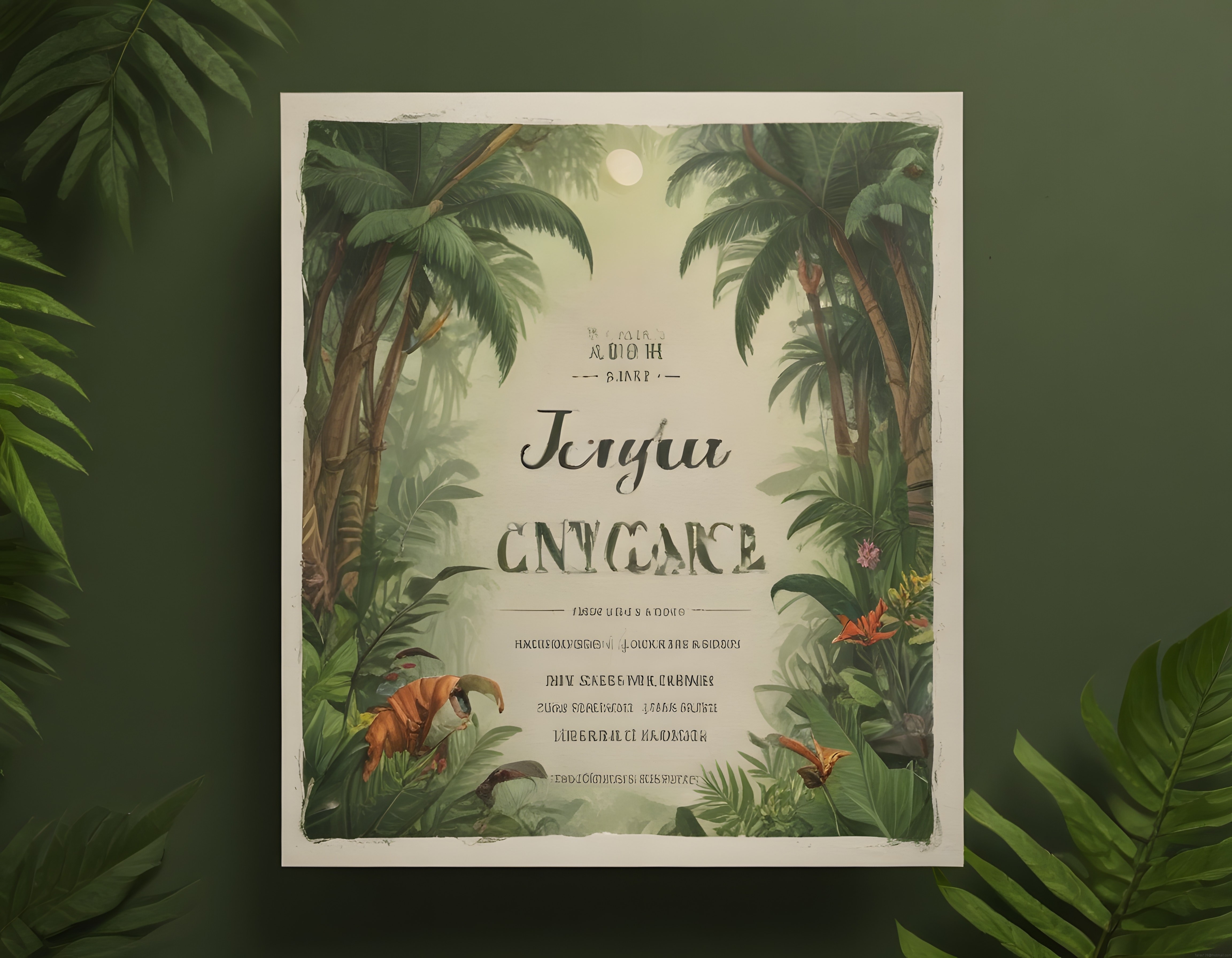 Tropikal Orman ve Egzotik Bitkilerle Çevrili Vintage Poster Tasarımı