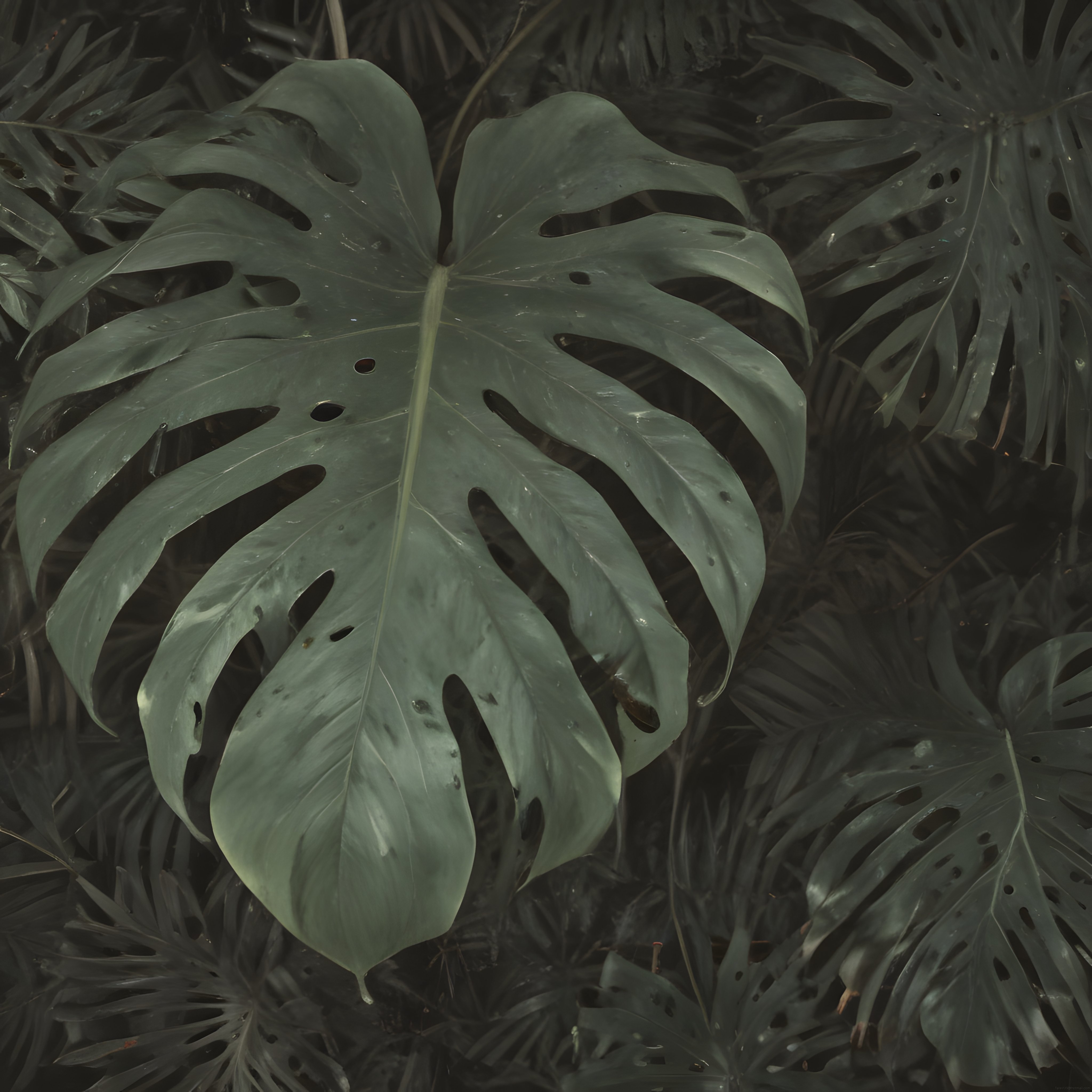 Tropikal Ormanın Derinliklerinde Işıltılı Monstera Yaprağı Manzarası
