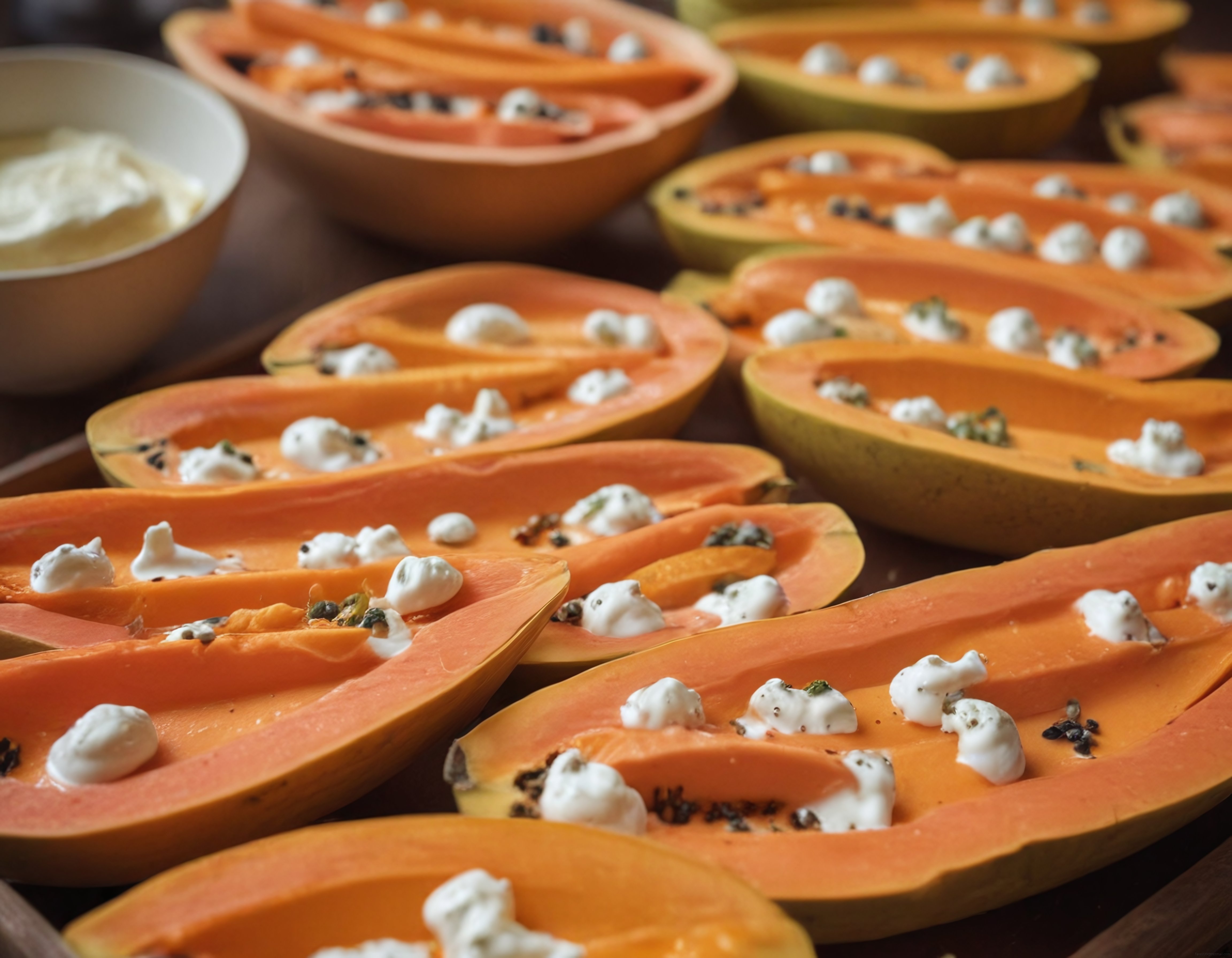 Tropikal Papaya Dilimleri Üzerinde Krema ve Baharat İle Lezzetli Sunum