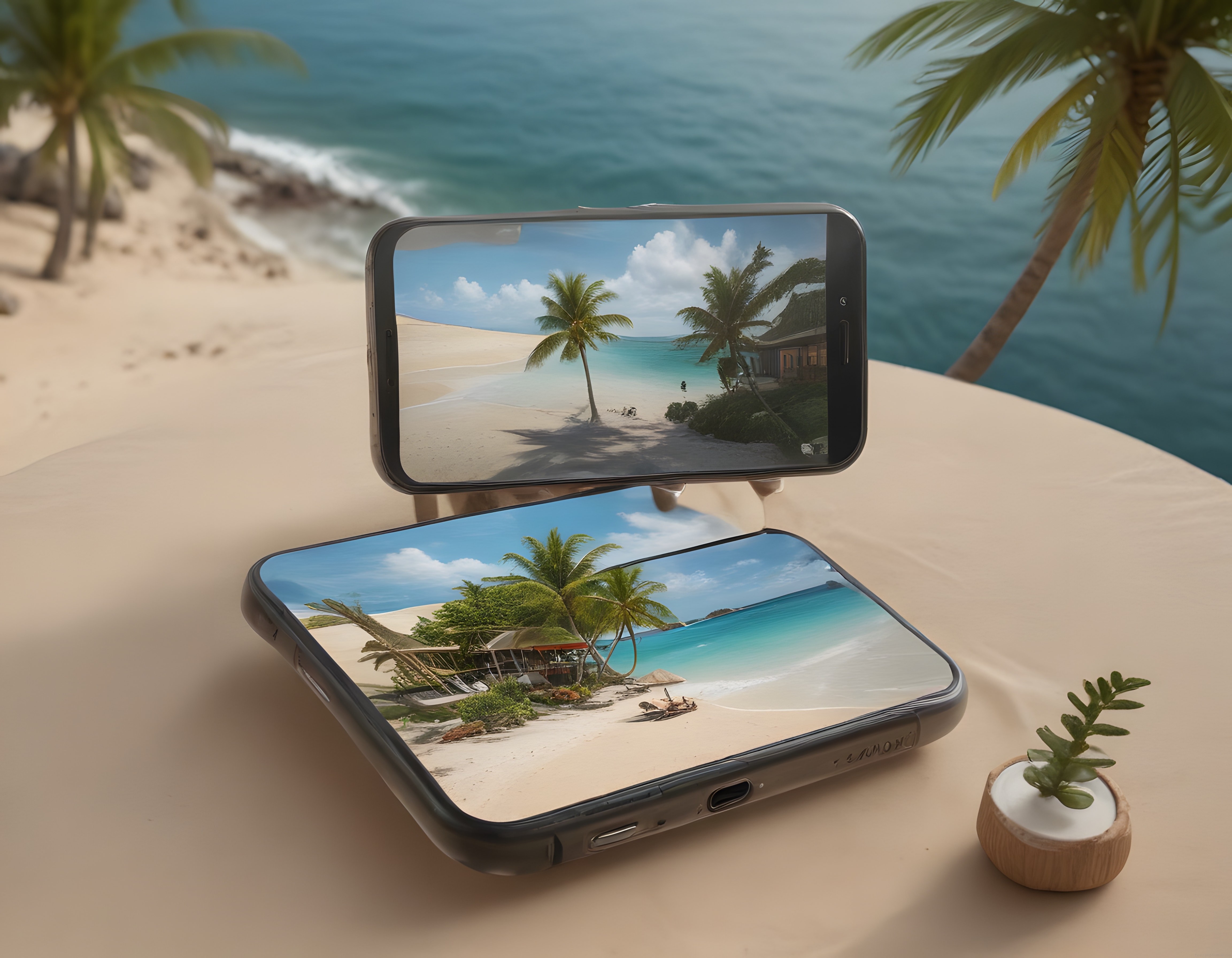 Tropikal Plaj Manzaralı Akıllı Telefonlar ve Deniz Kenarı Tatil Atmosferi