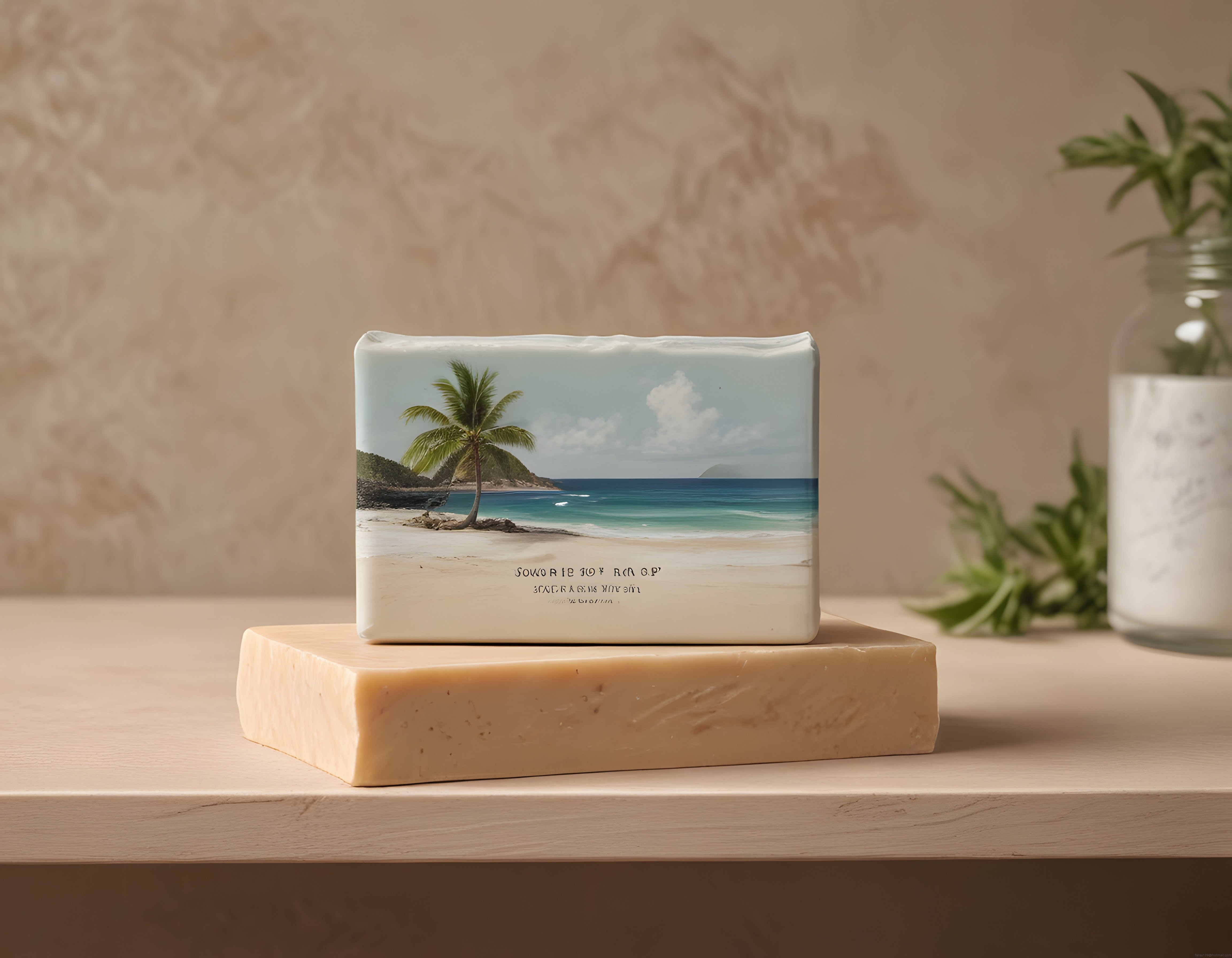 Tropikal plaj manzaralı doğal sabun ürün fotoğrafı, minimalist spa konsepti