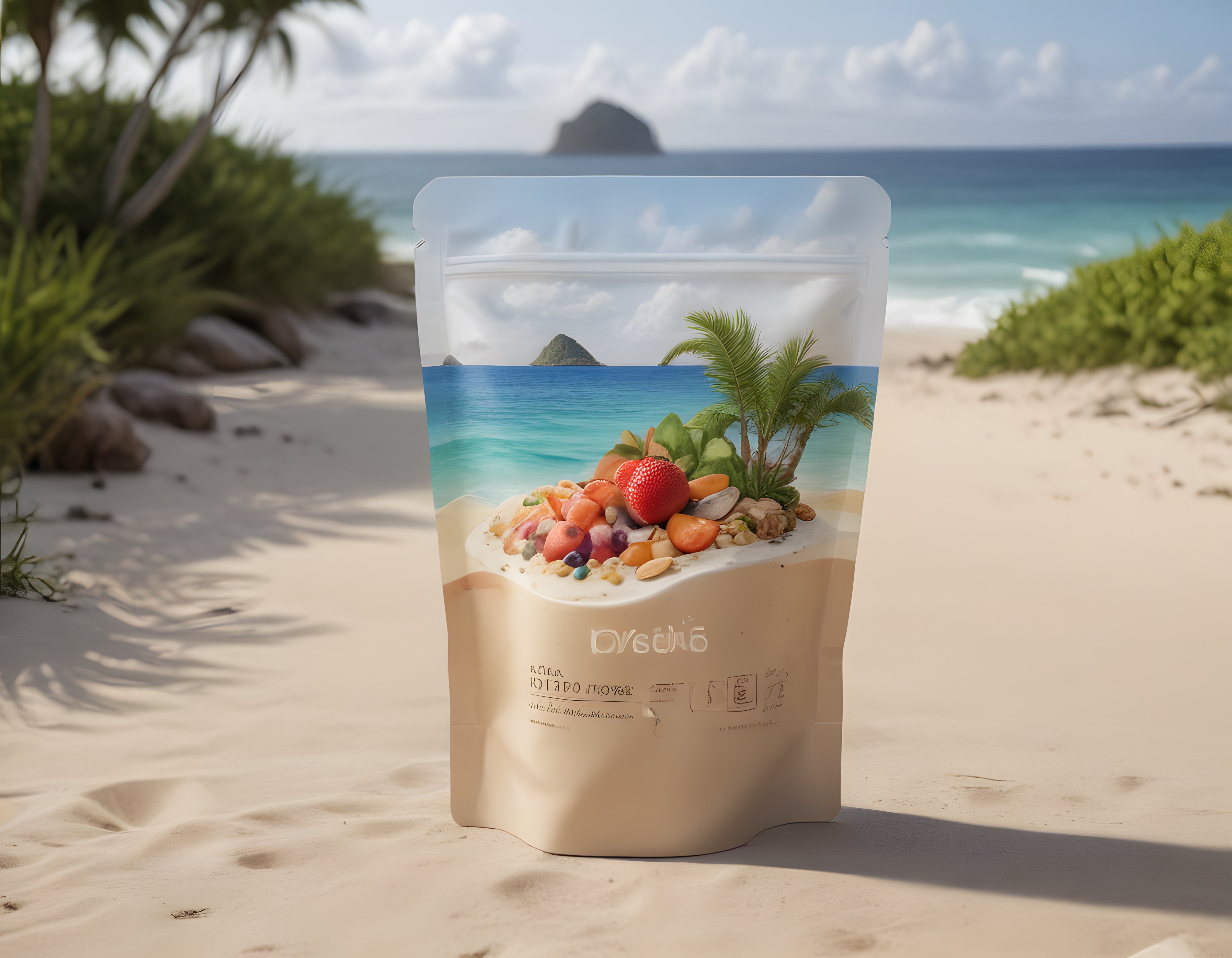 Tropikal plajda meyveli smoothie kasesi tasarımlı yenilikçi gıda ambalajı