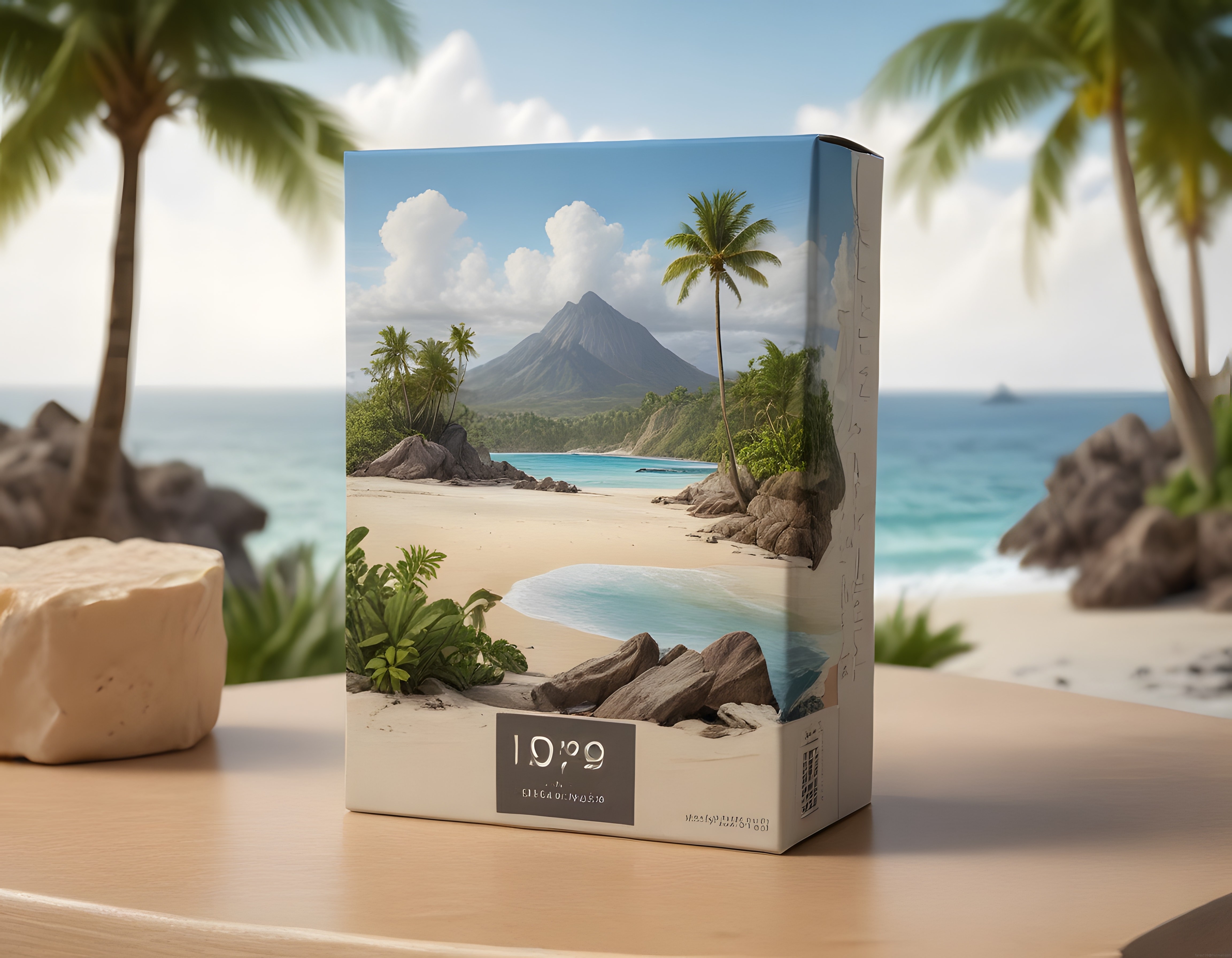 Tropikal Sahil Baskılı Ürün Kutusu ve Egzotik Adada Huzurlu Tatil Atmosferi