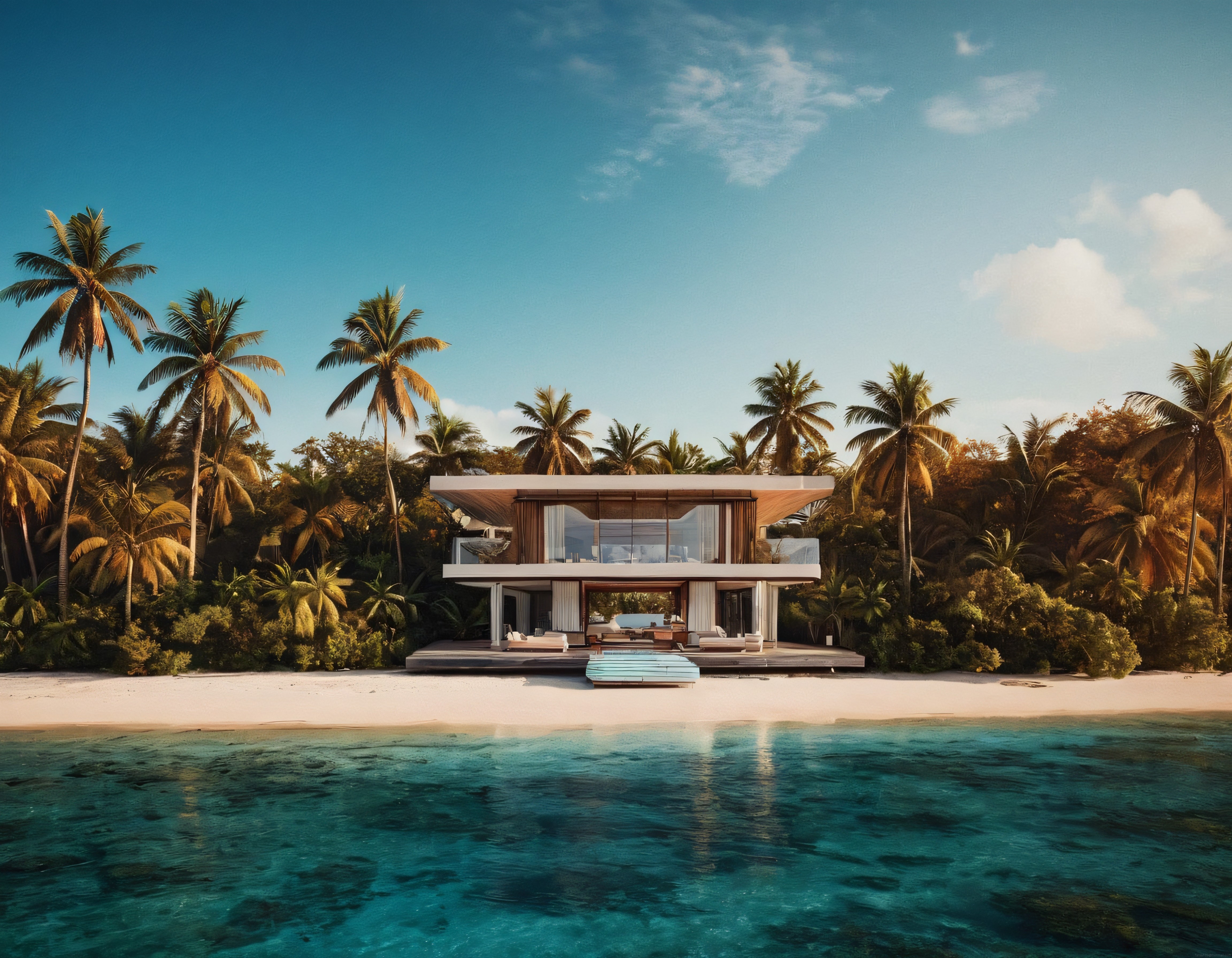 Tropikal Sahilde Cam Cepheli Modern Villa ve Turkuaz Deniz Manzarası